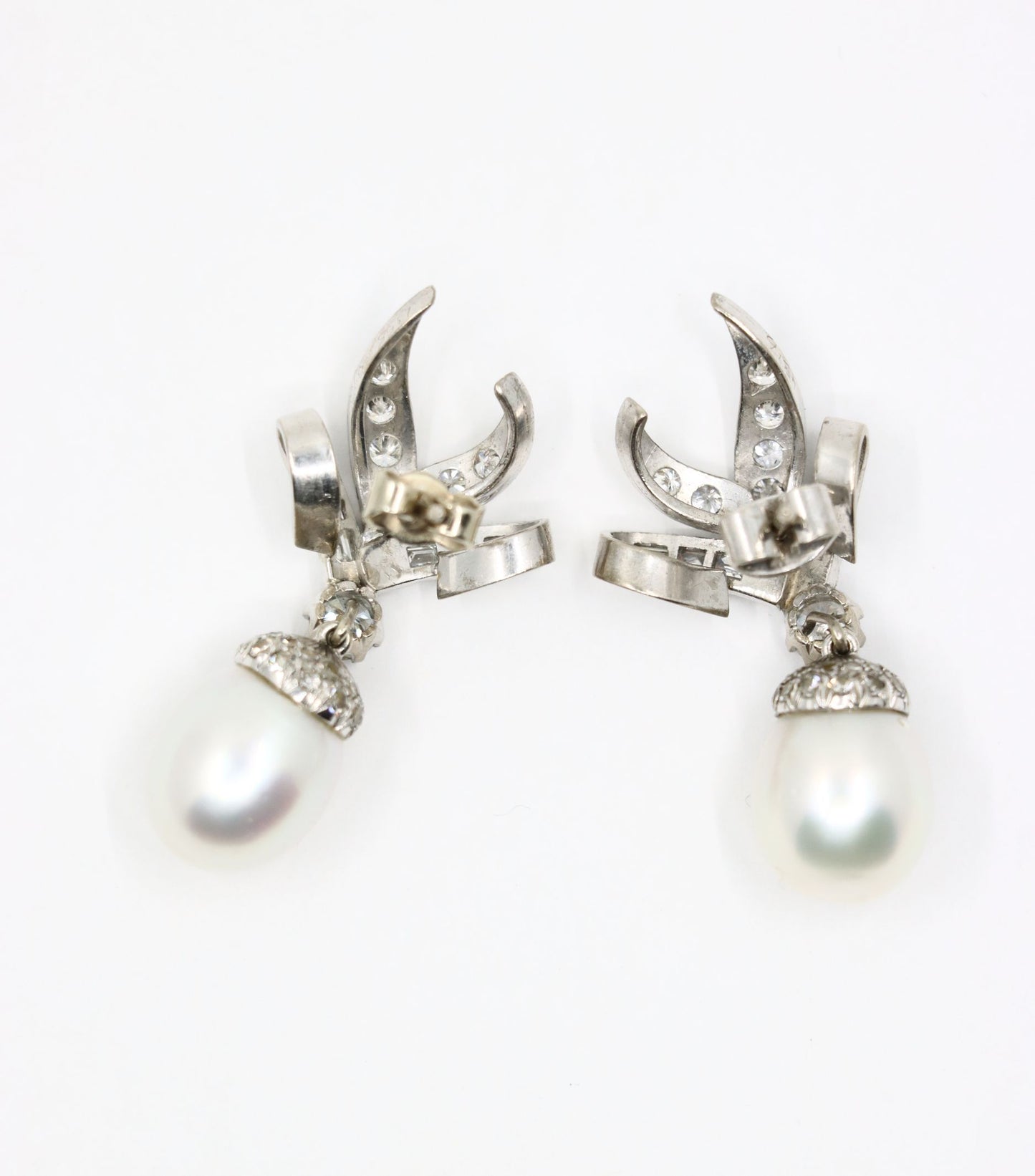Vintage 18K White Gold Diamond Pearl Drop Earrings