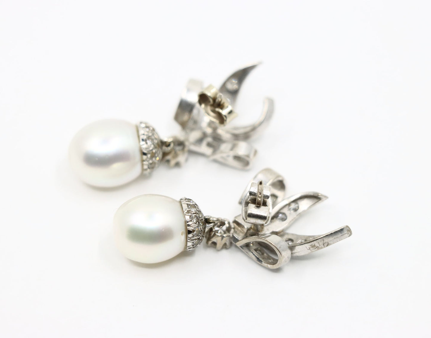 Vintage 18K White Gold Diamond Pearl Drop Earrings