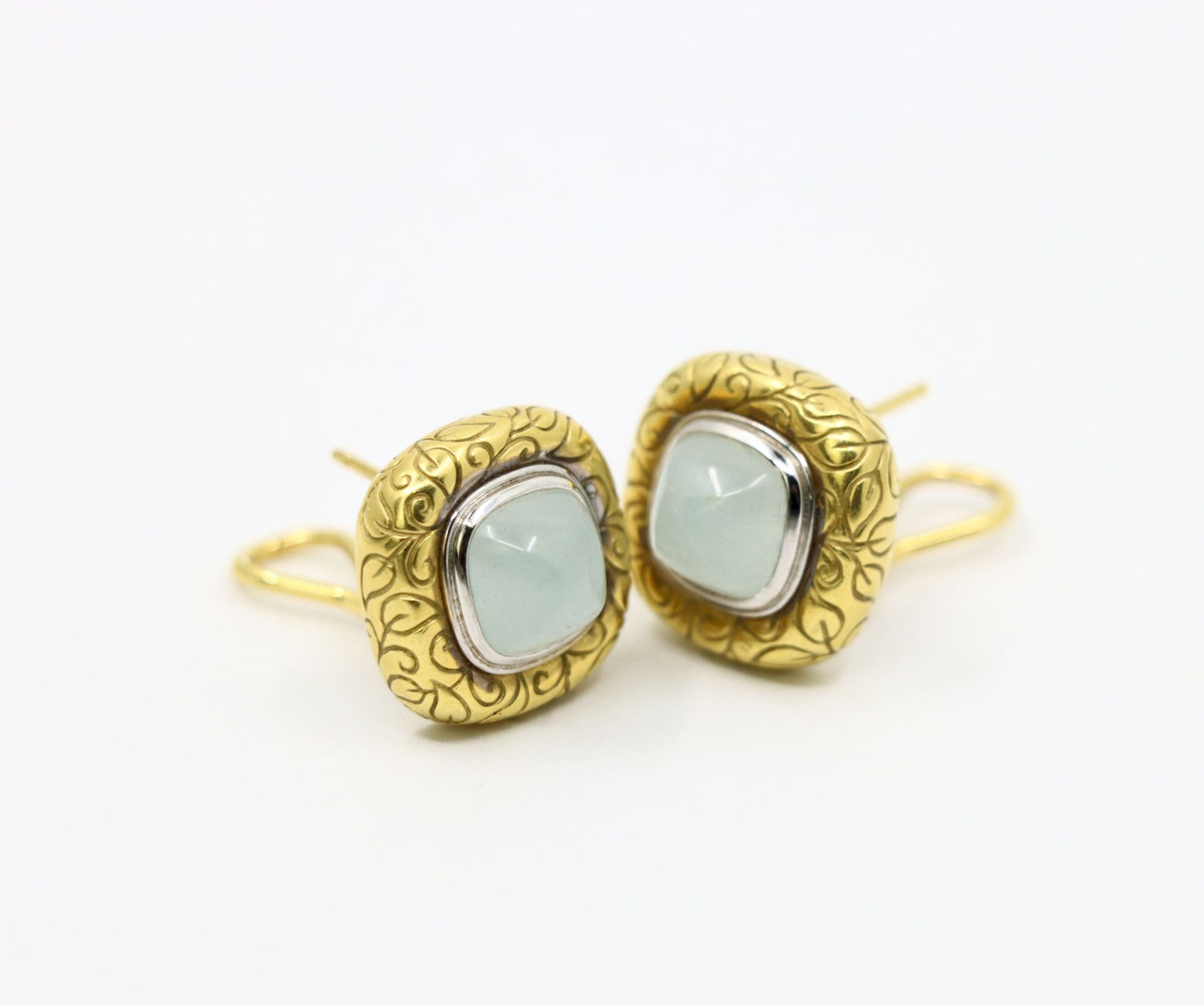 Vintage 18K Gold Square Jade Cabochon Earrings
