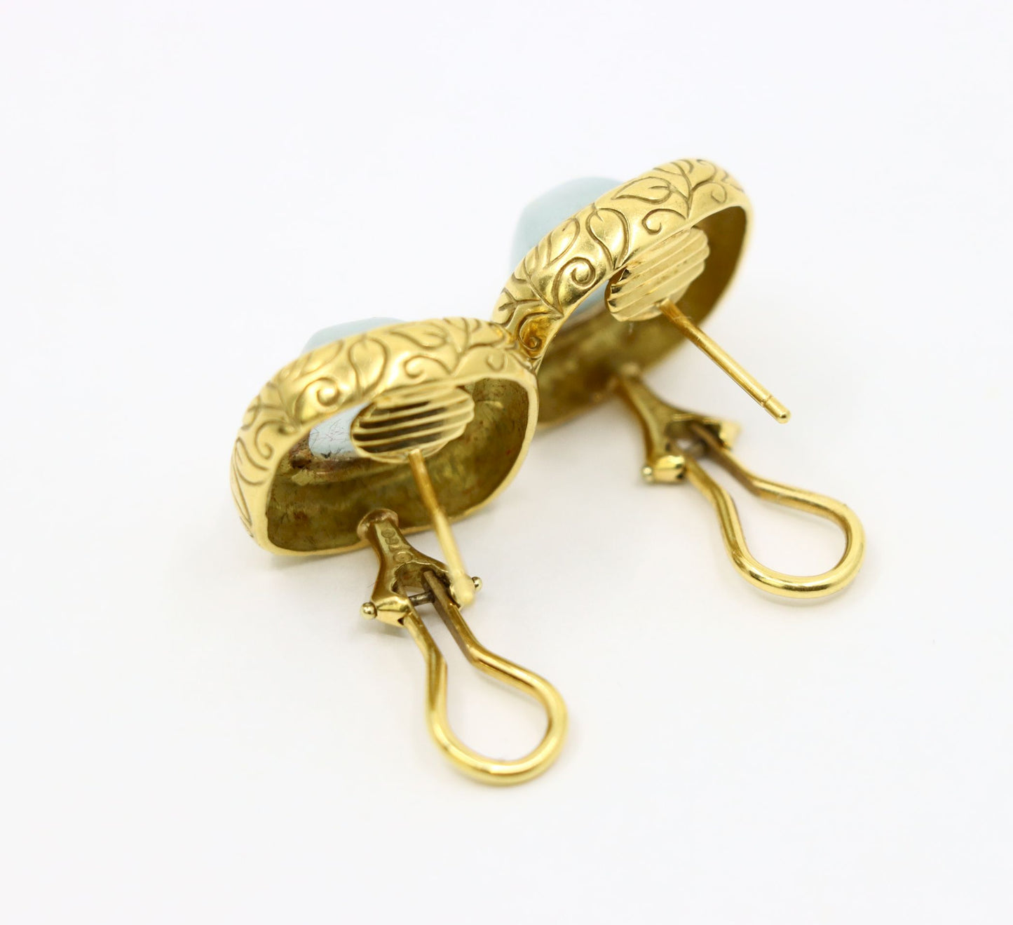 Vintage 18K Gold Square Jade Cabochon Earrings