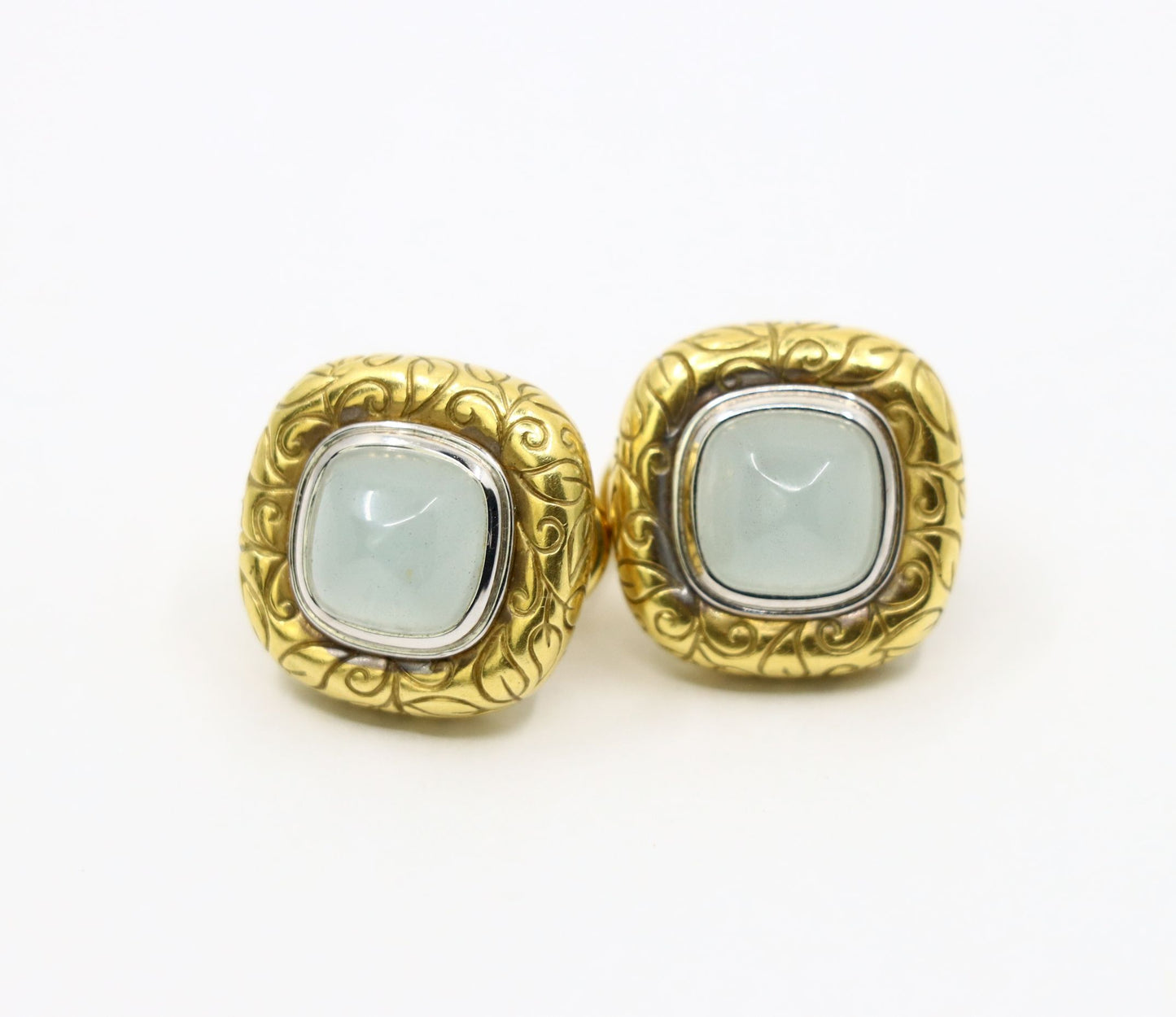Vintage 18K Gold Square Jade Cabochon Earrings