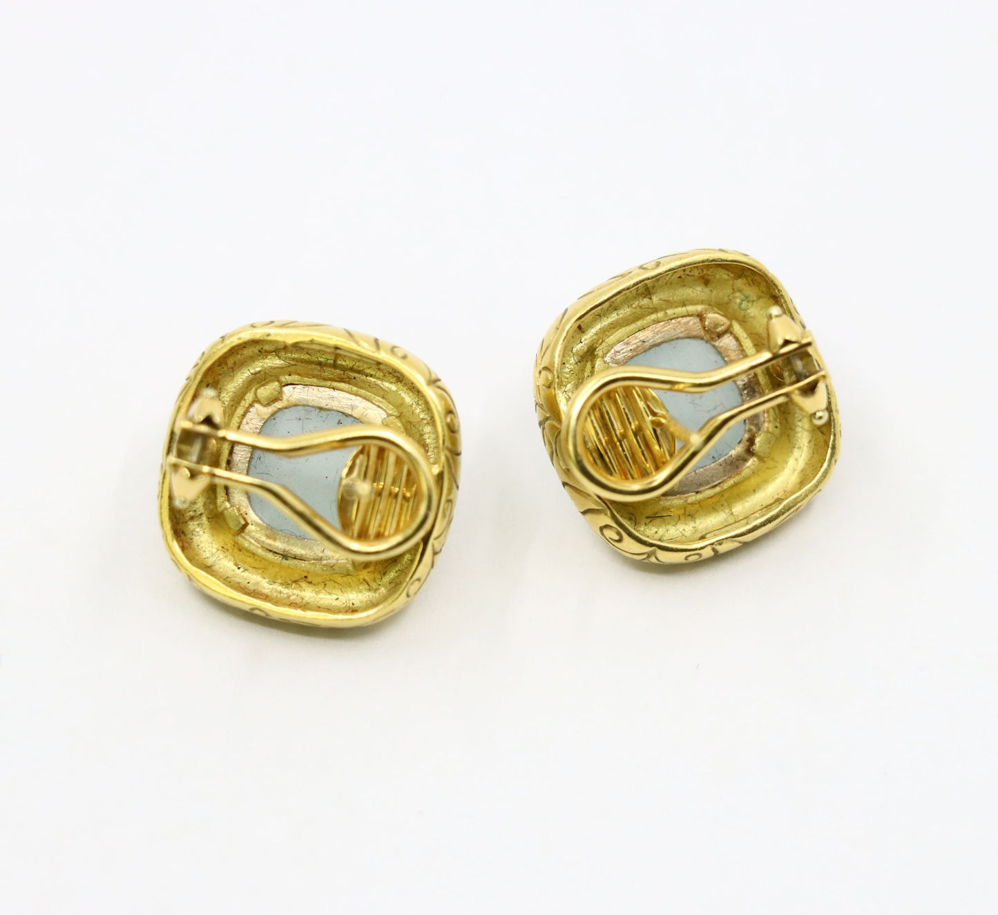 Vintage 18K Gold Square Jade Cabochon Earrings