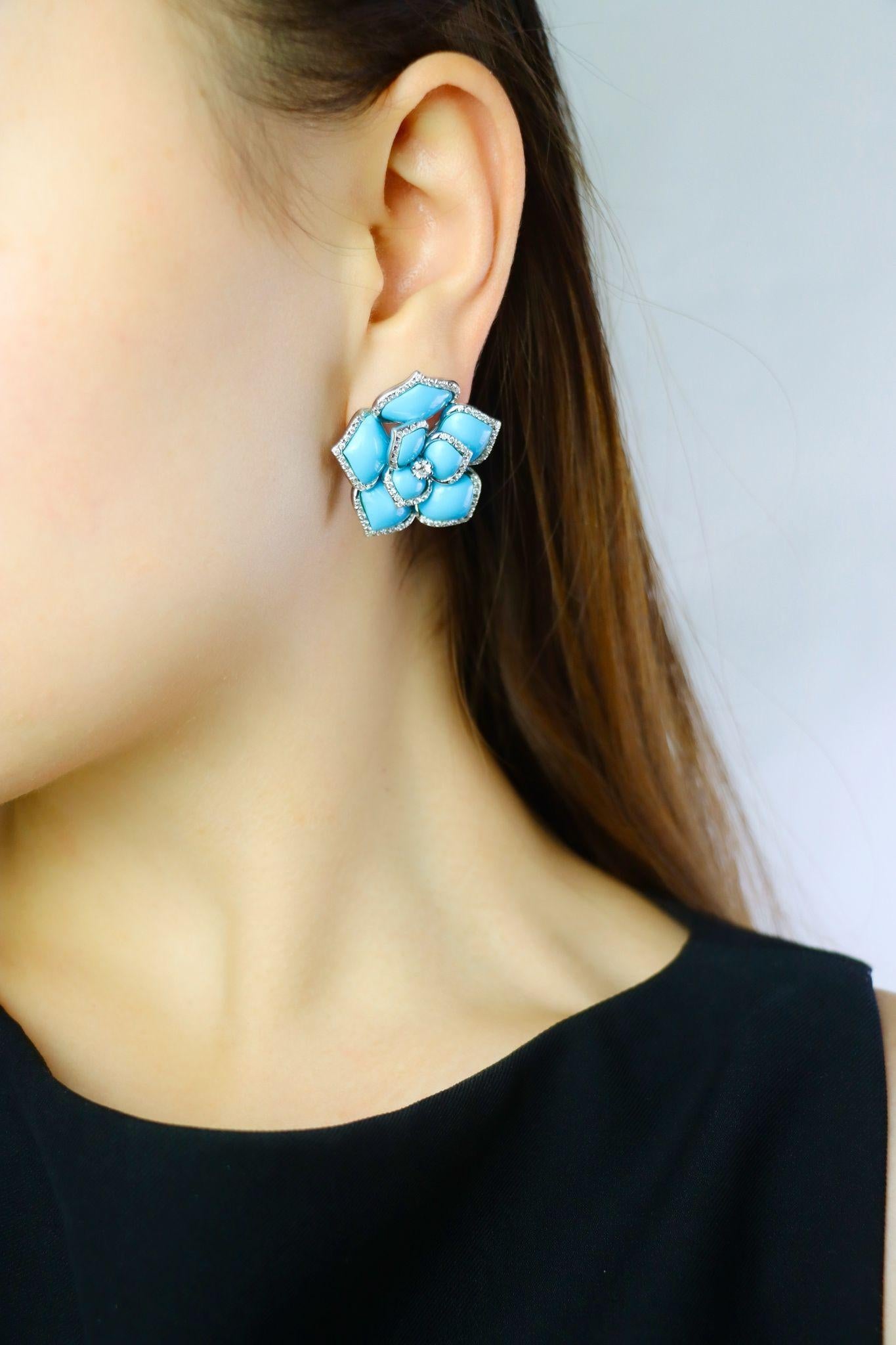 Diamond Turquoise 18K White Gold Flower Earrings