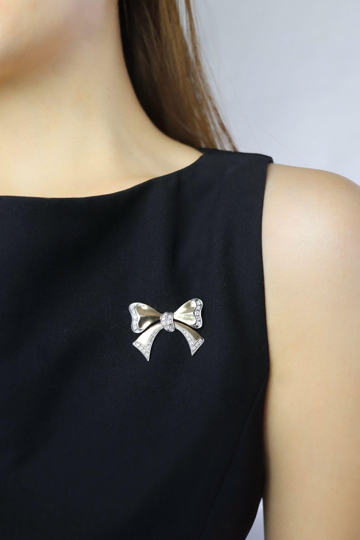 1940's Retro 14K Gold Diamond Bow-Tie Brooch