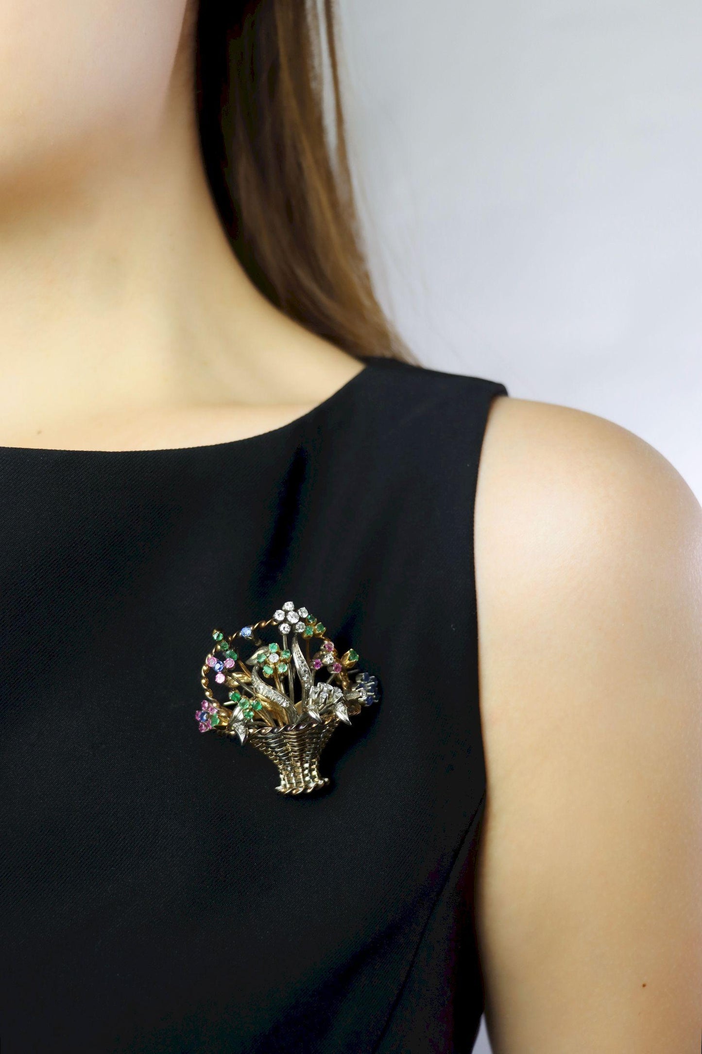 Vintage 18k Gold Diamond Sapphire Emerald Flower Basket Brooch
