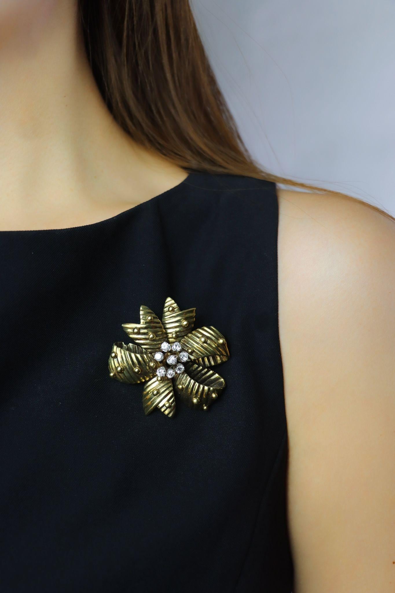 Vintage 14K Gold Diamond Bow Brooch Pin