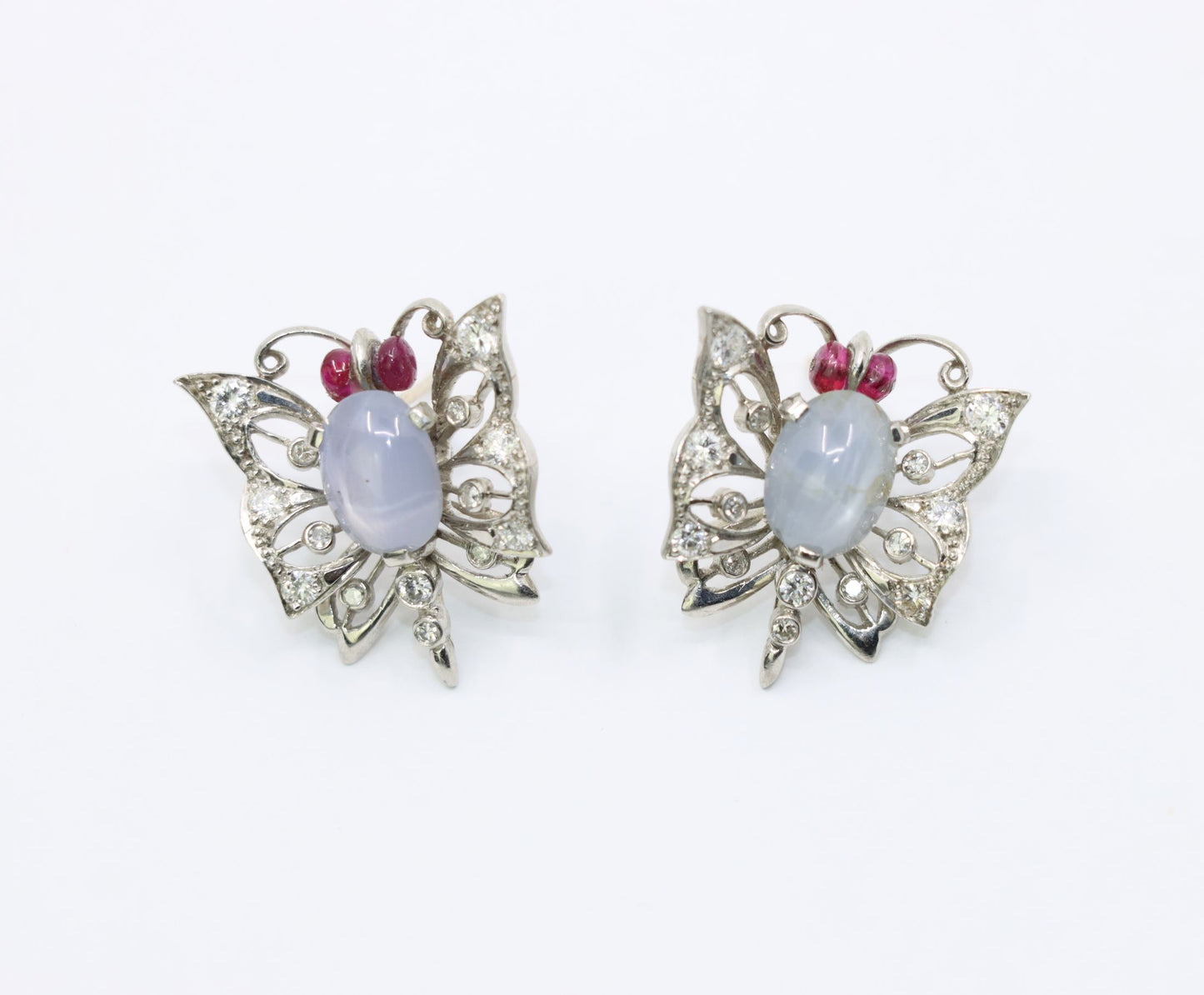 Vintage 14k White Gold Star Sapphire Agate Diamond Butterfly Earrings