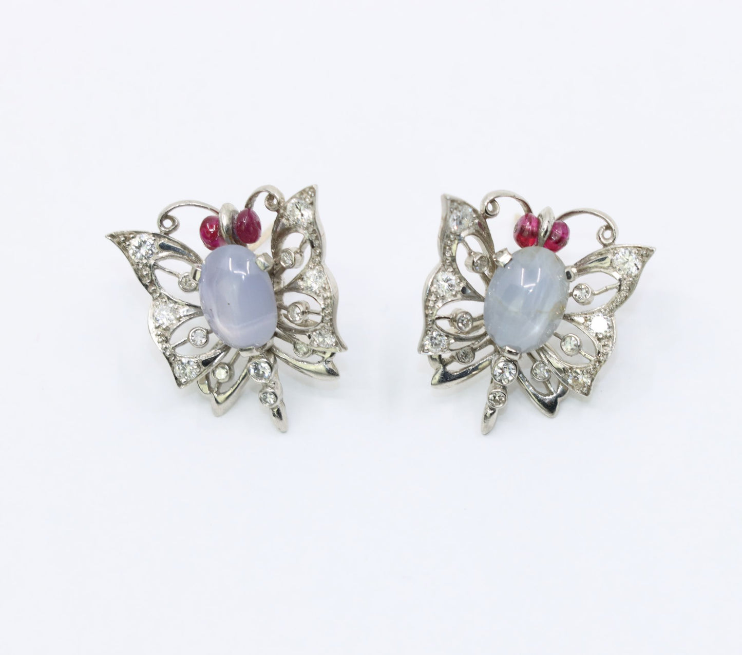Vintage 14k White Gold Star Sapphire Agate Diamond Butterfly Earrings