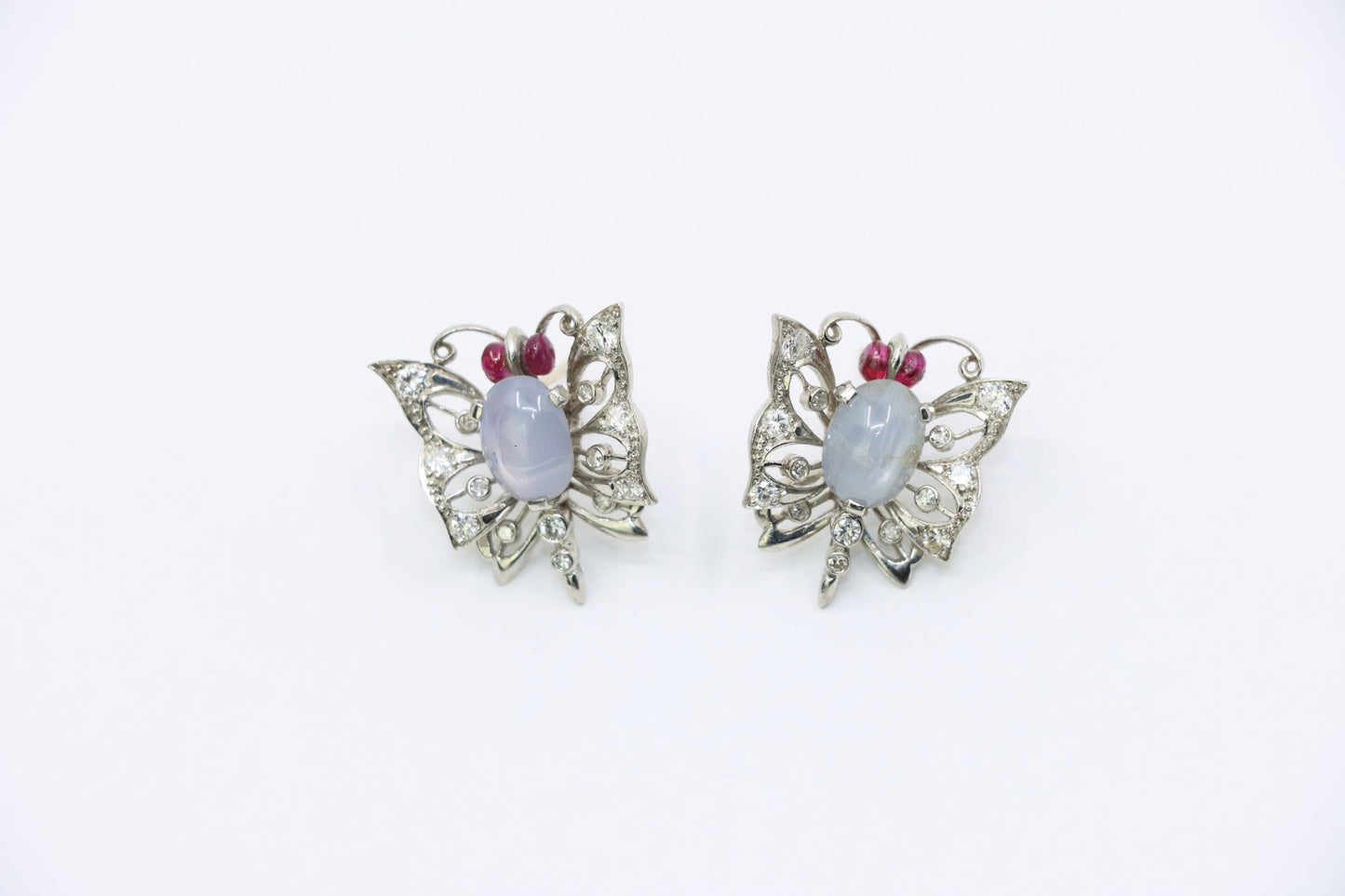 Vintage 14k White Gold Star Sapphire Agate Diamond Butterfly Earrings