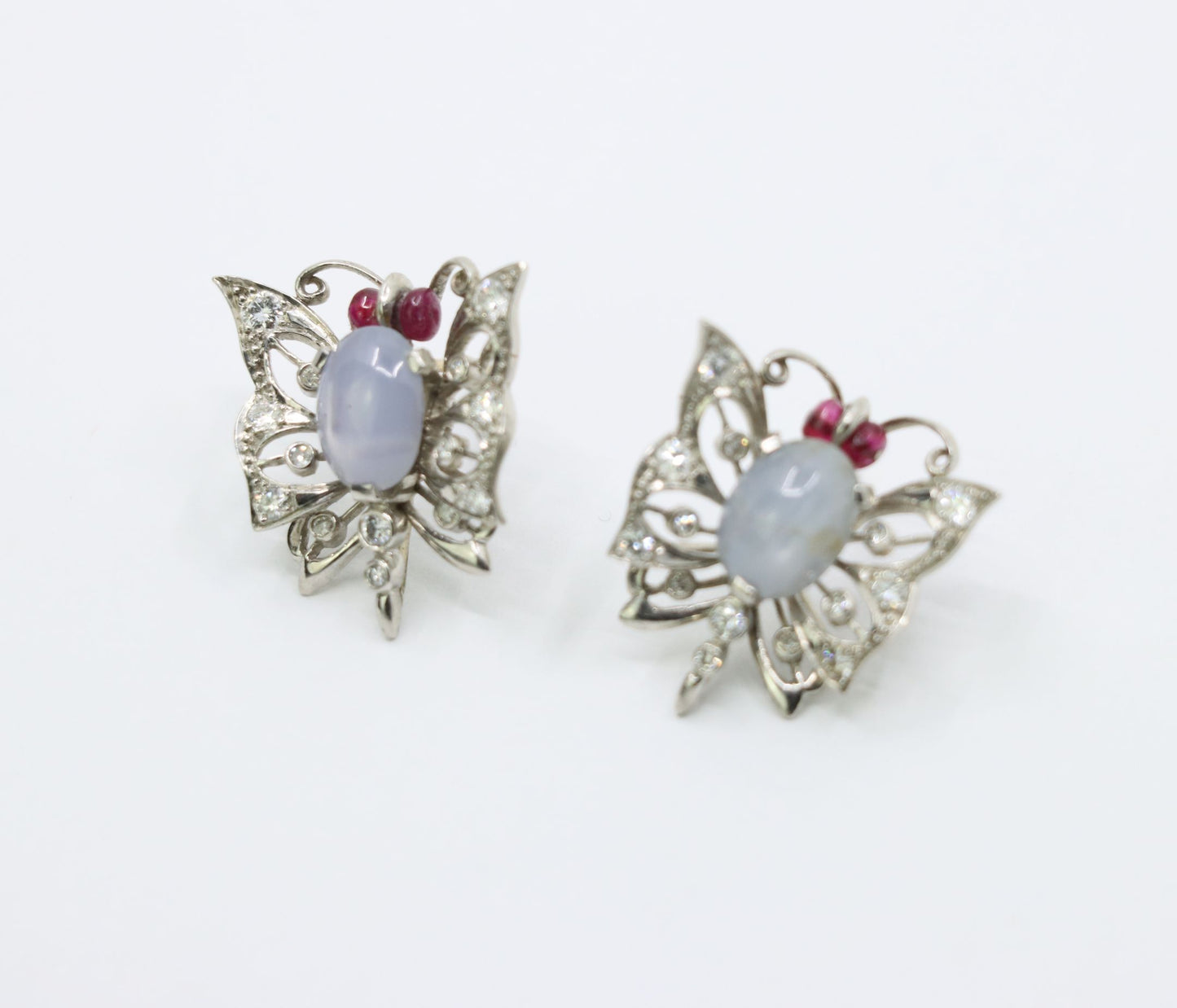 Vintage 14k White Gold Star Sapphire Agate Diamond Butterfly Earrings
