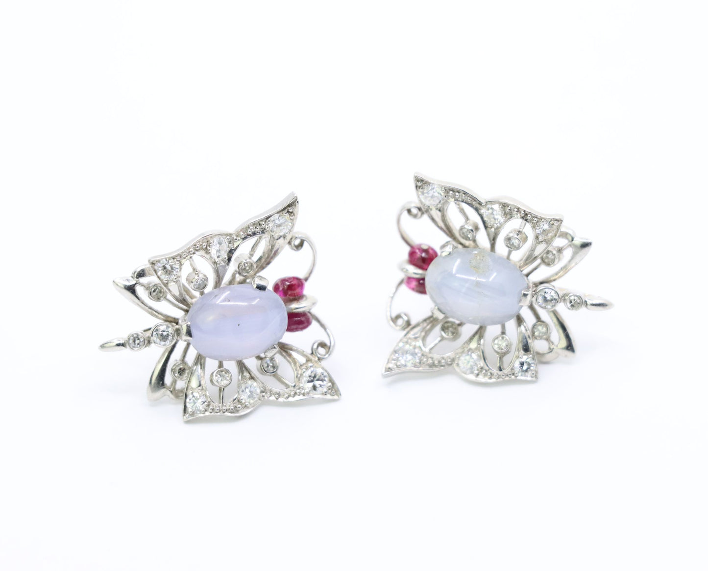 Vintage 14k White Gold Star Sapphire Agate Diamond Butterfly Earrings