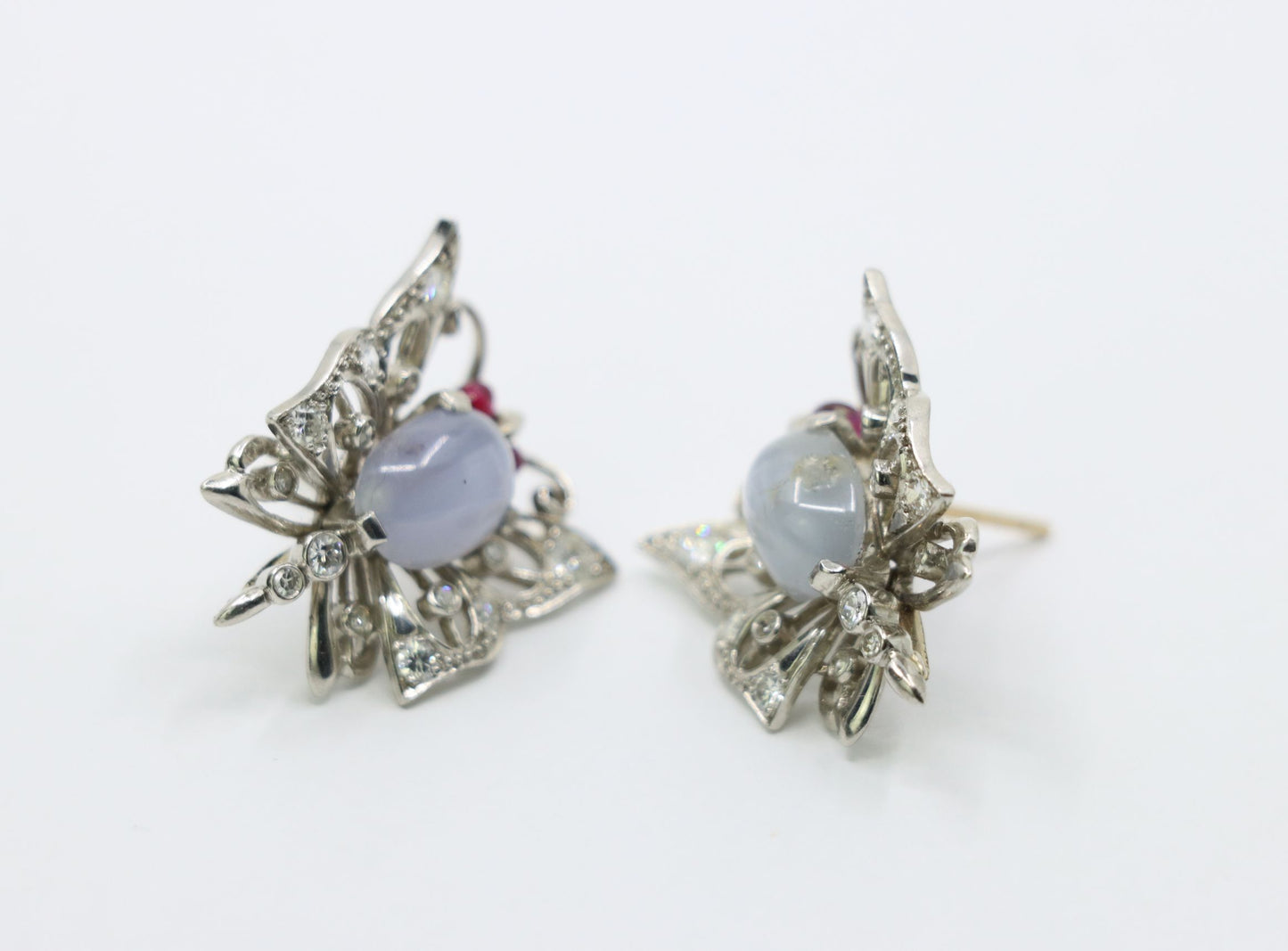 Vintage 14k White Gold Star Sapphire Agate Diamond Butterfly Earrings