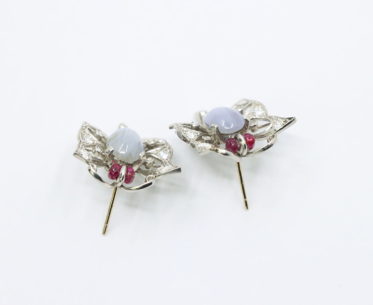 Vintage 14k White Gold Star Sapphire Agate Diamond Butterfly Earrings