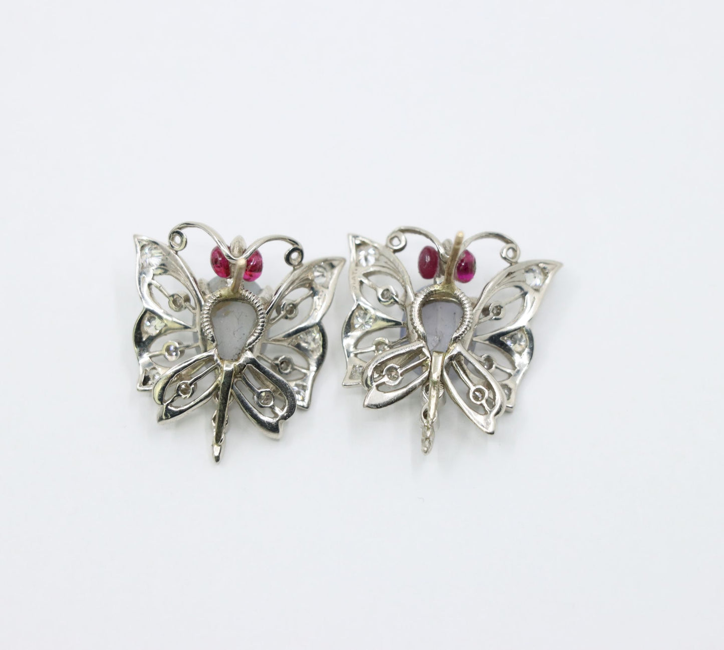 Vintage 14k White Gold Star Sapphire Agate Diamond Butterfly Earrings