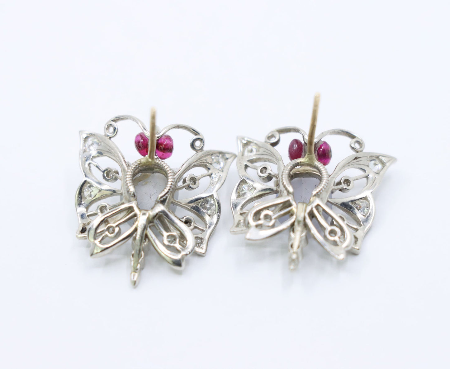 Vintage 14k White Gold Star Sapphire Agate Diamond Butterfly Earrings