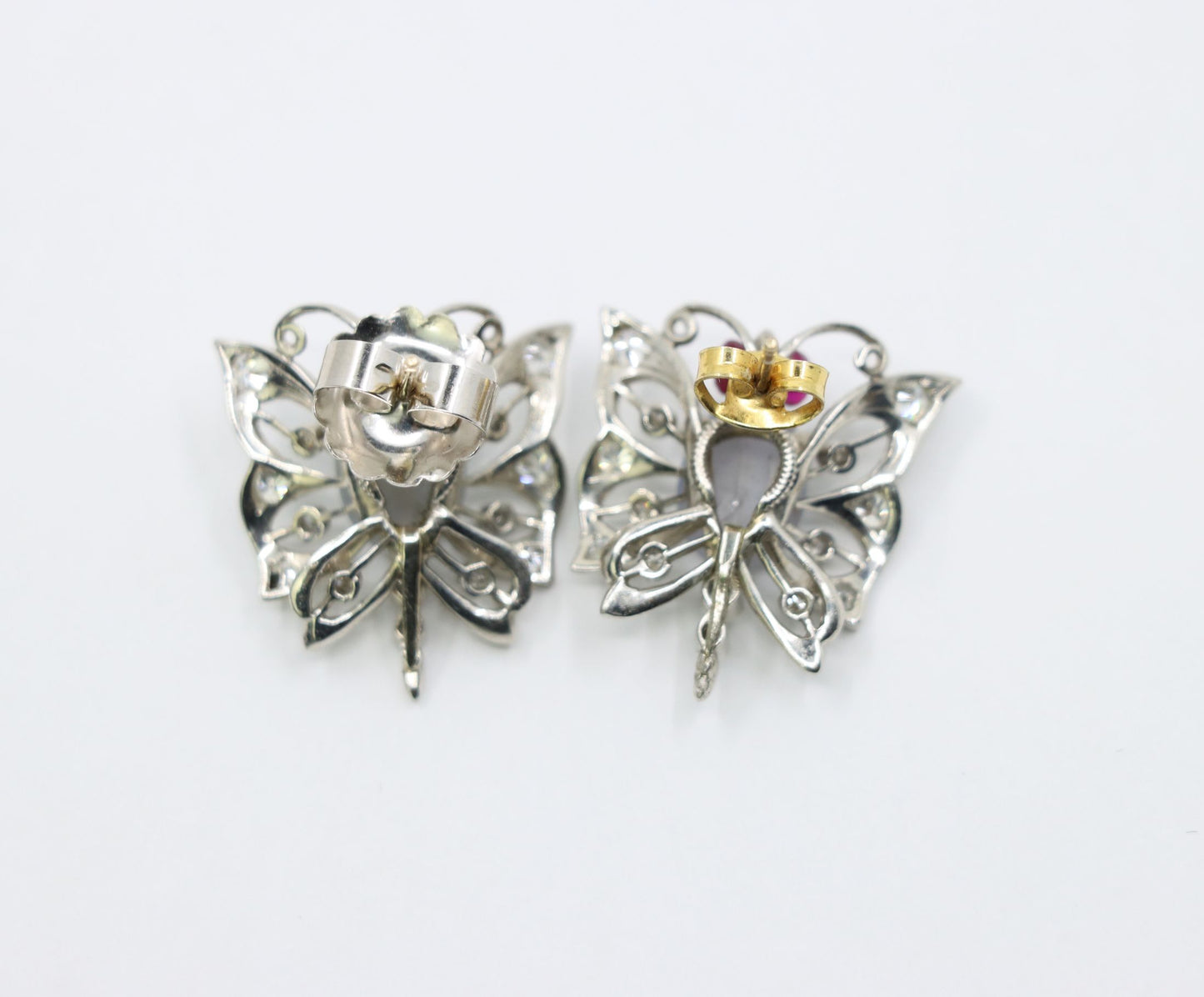 Vintage 14k White Gold Star Sapphire Agate Diamond Butterfly Earrings