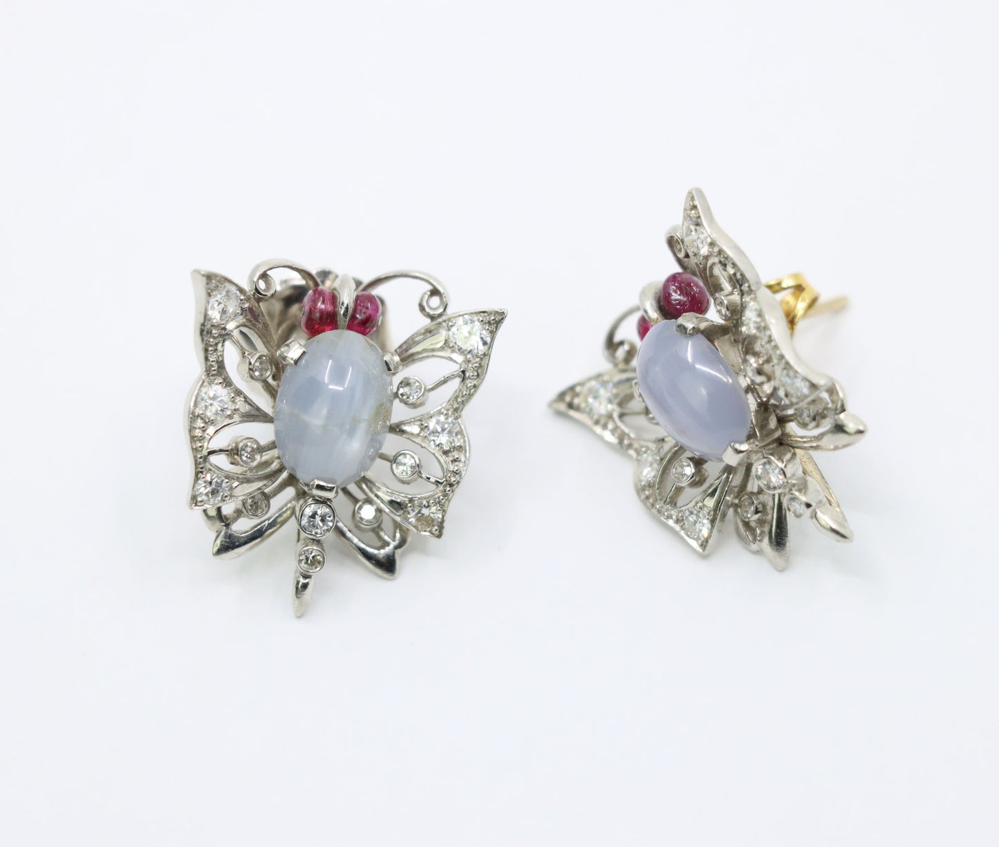 Vintage 14k White Gold Star Sapphire Agate Diamond Butterfly Earrings