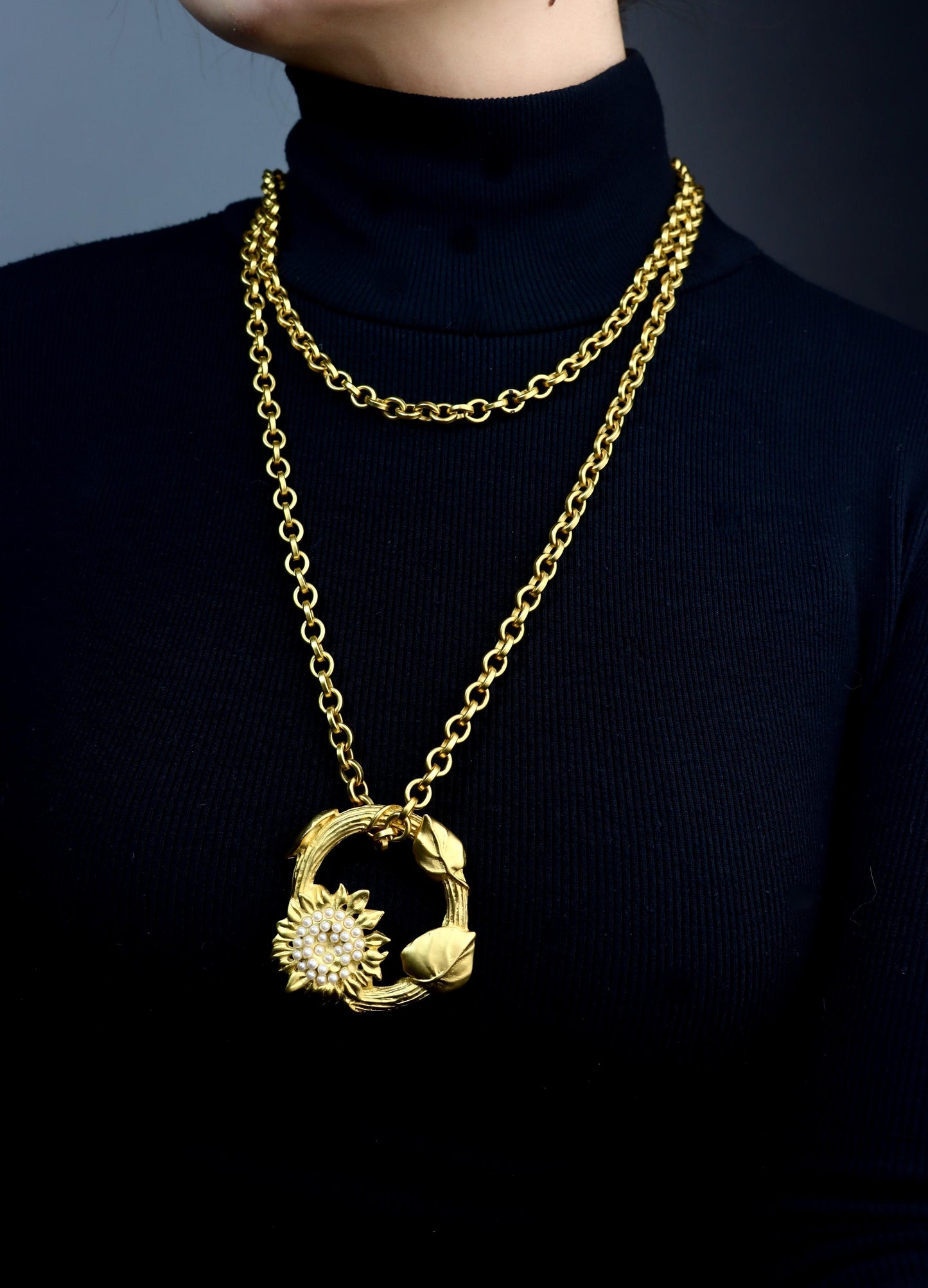Vintage Karl Lagerfeld Gold Tone Wreath Pendant Long Necklace