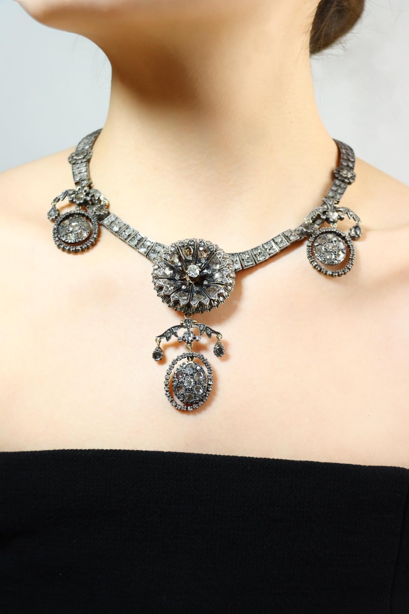Antique Early Victorian 14K Yellow Gold & Silver Diamond Necklace