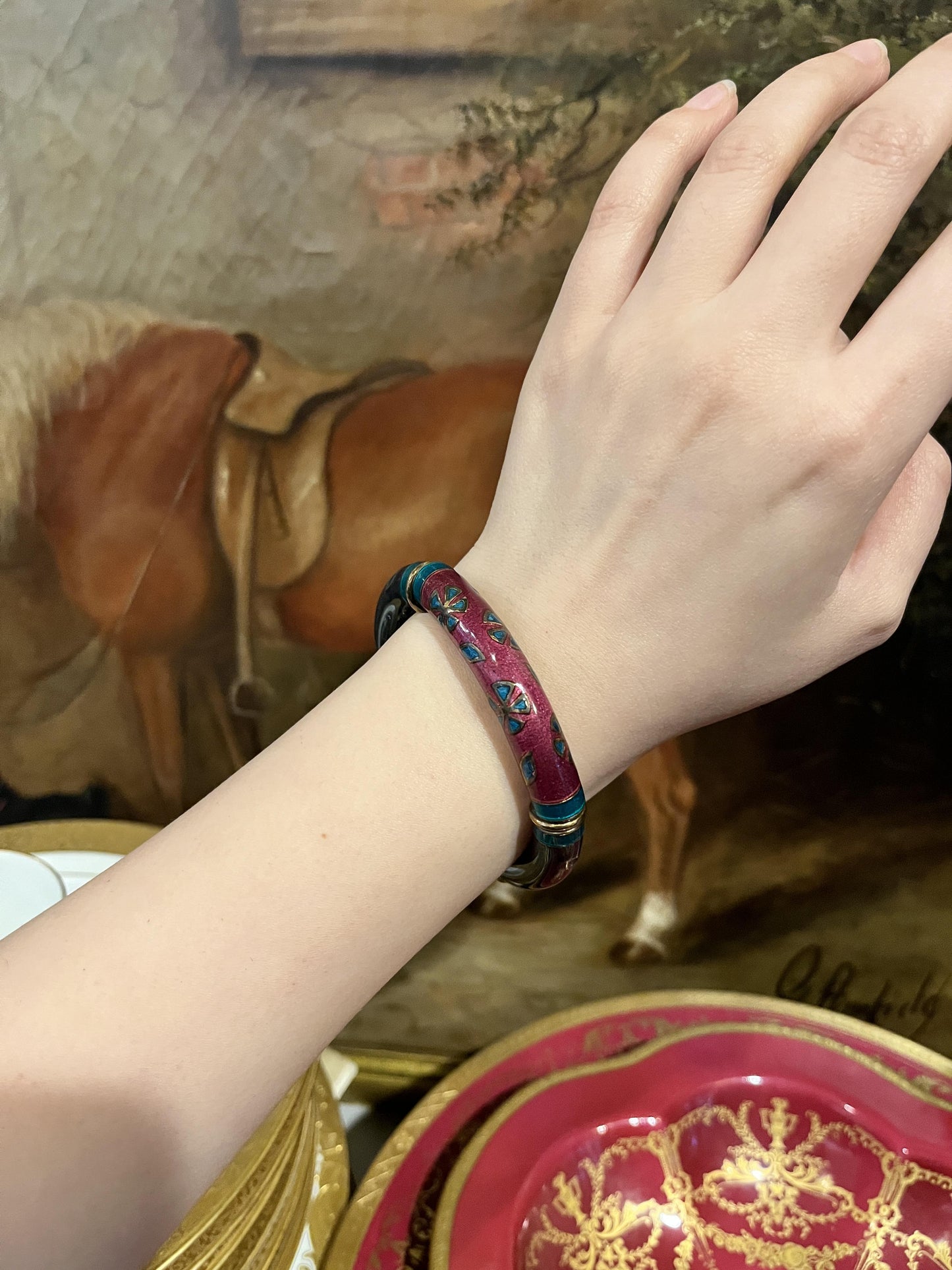 Vintage La Nouvelle Bague 18K Gold Red Green Enamel Bracelet