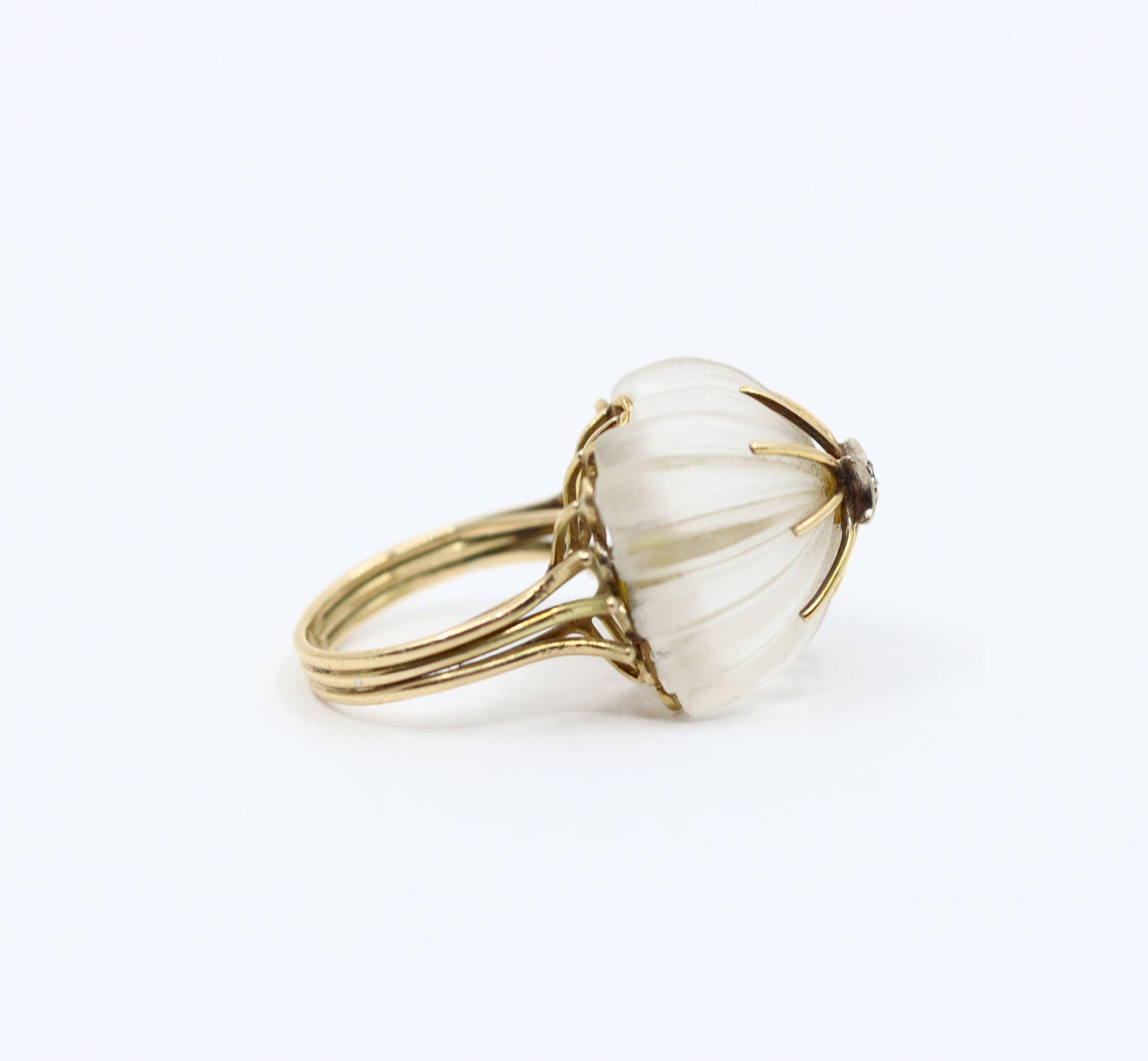 Vintage 14KT Gold Diamond Rock Crystal Dome Cocktail Ring