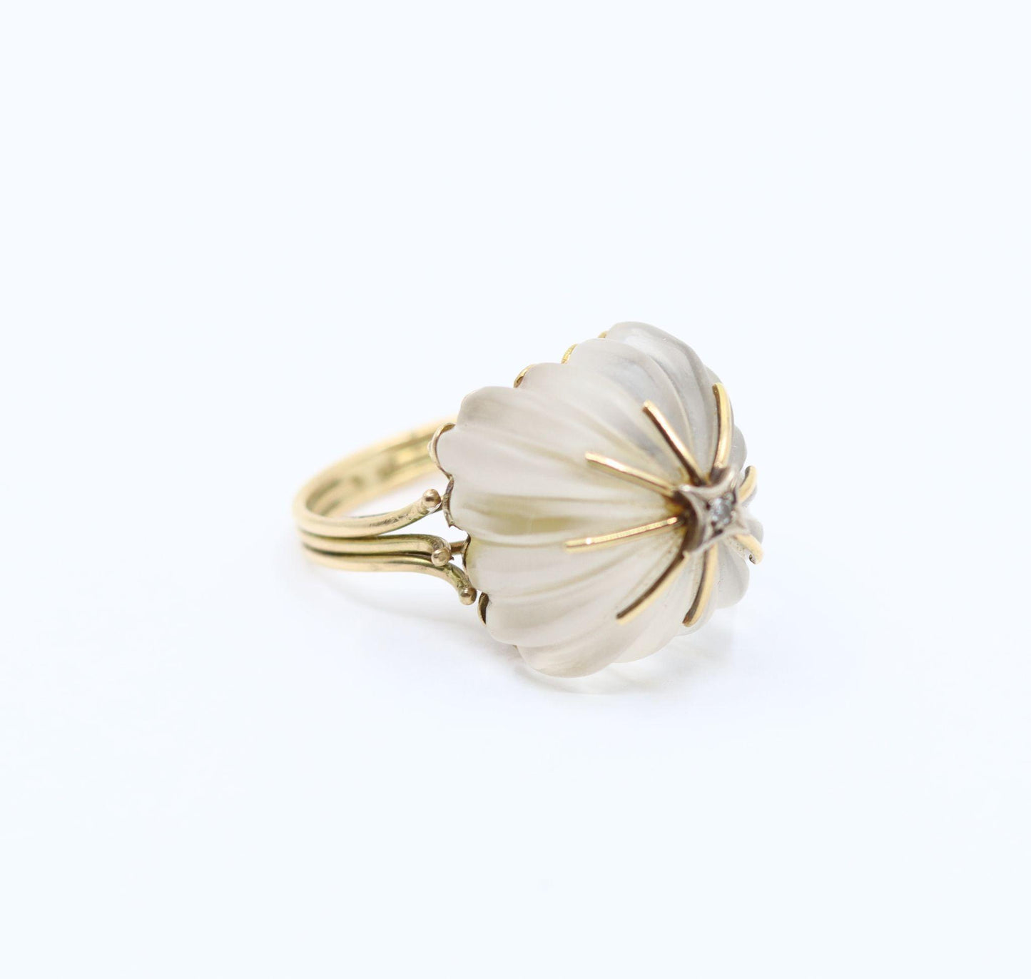 Vintage 14KT Gold Diamond Rock Crystal Dome Cocktail Ring