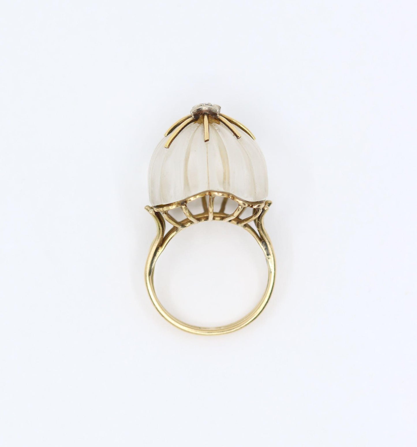 Vintage 14K Gold Diamond Rock Crystal Dome Cocktail Ring