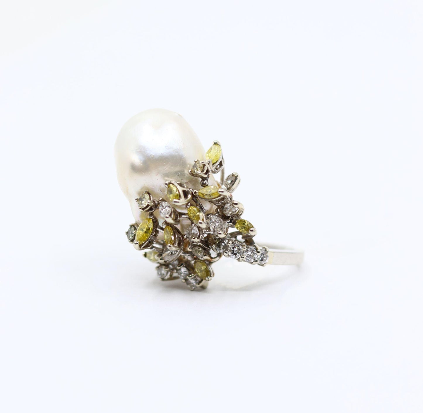 Vintage Platinum White & Yellow Diamond Baroque Pearl Cocktail Ring