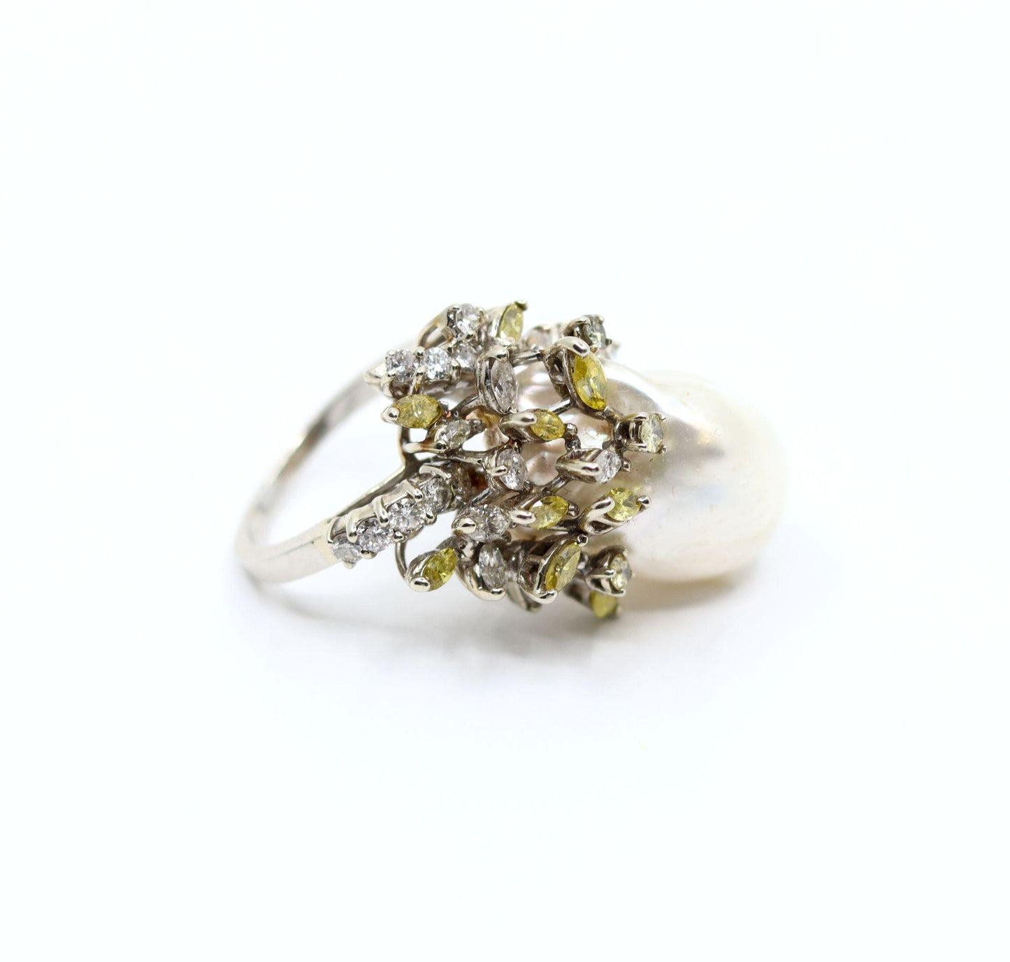 Vintage Platinum White & Yellow Diamond Baroque Pearl Cocktail Ring