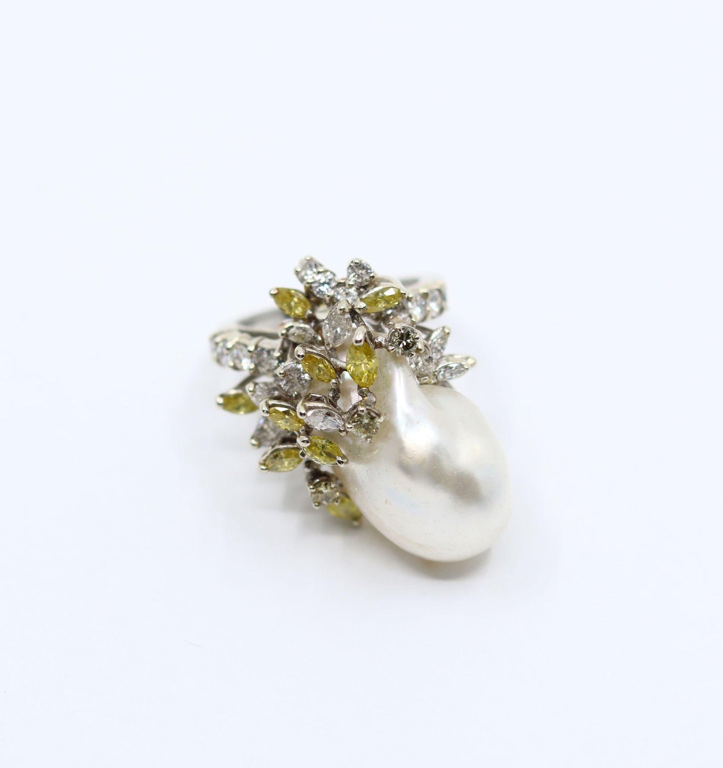 Vintage Platinum White & Yellow Diamond Baroque Pearl Cocktail Ring