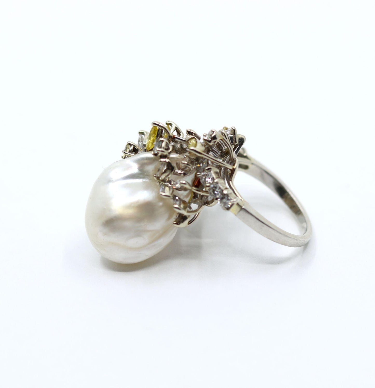 Vintage Platinum White & Yellow Diamond Baroque Pearl Cocktail Ring