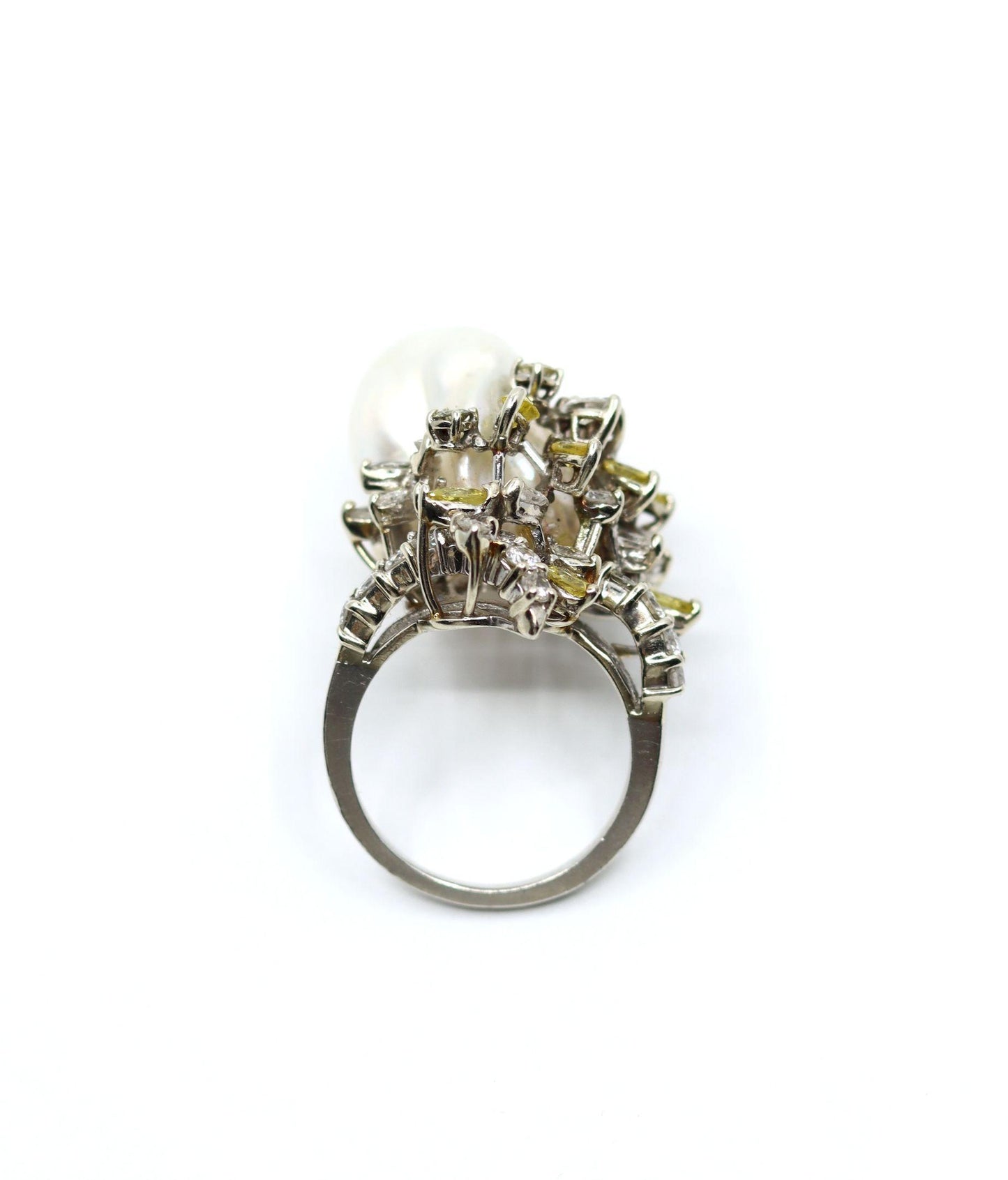 Vintage Platinum White & Yellow Diamond Baroque Pearl Cocktail Ring