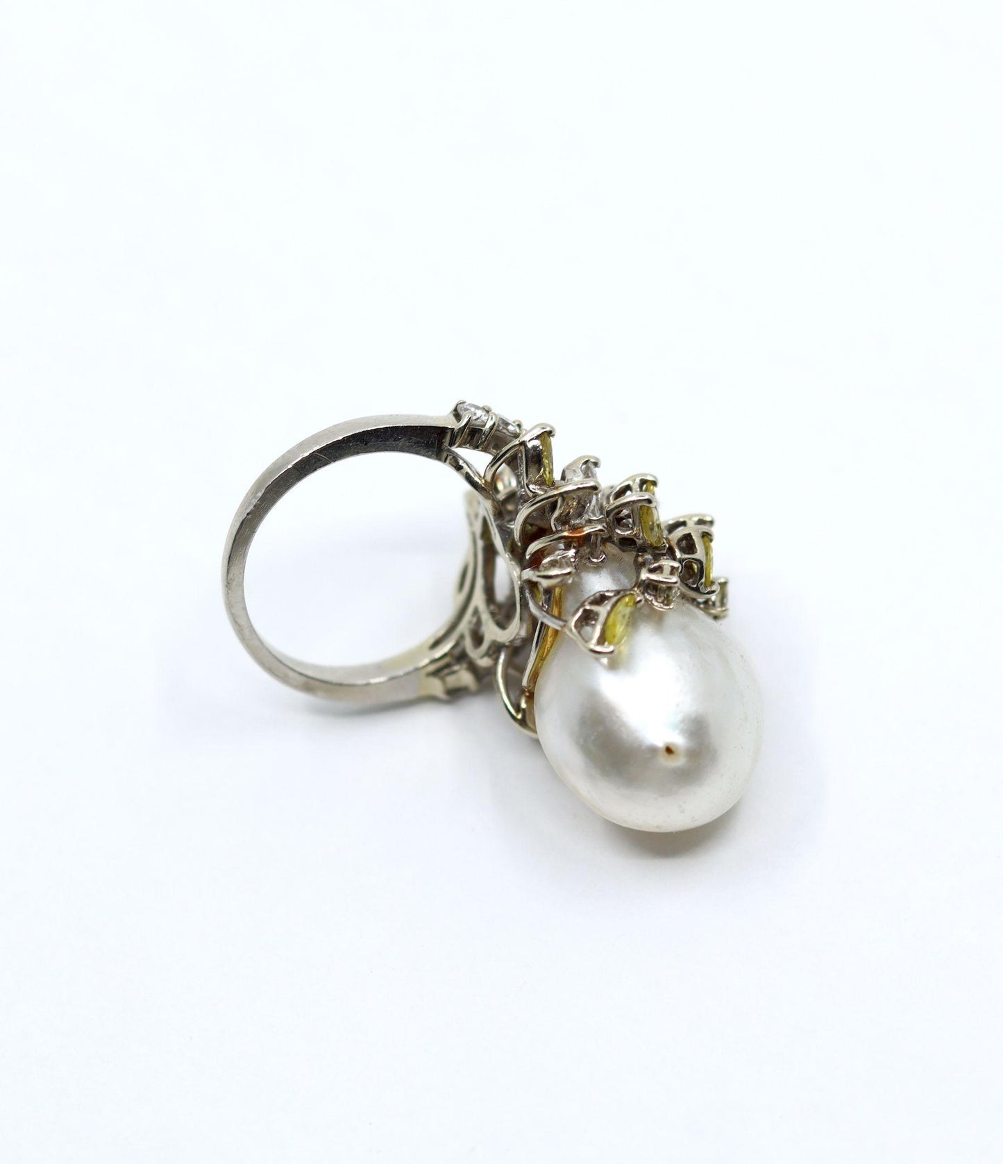 Vintage Platinum White & Yellow Diamond Baroque Pearl Cocktail Ring