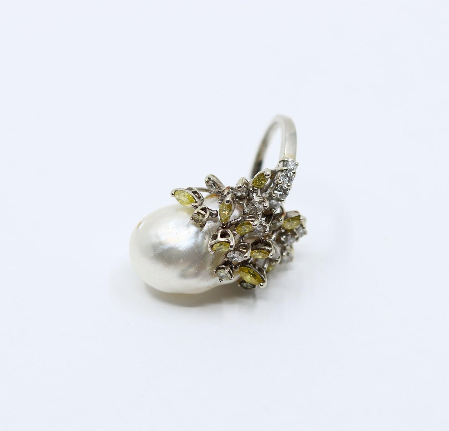 Vintage Platinum White & Yellow Diamond Baroque Pearl Cocktail Ring