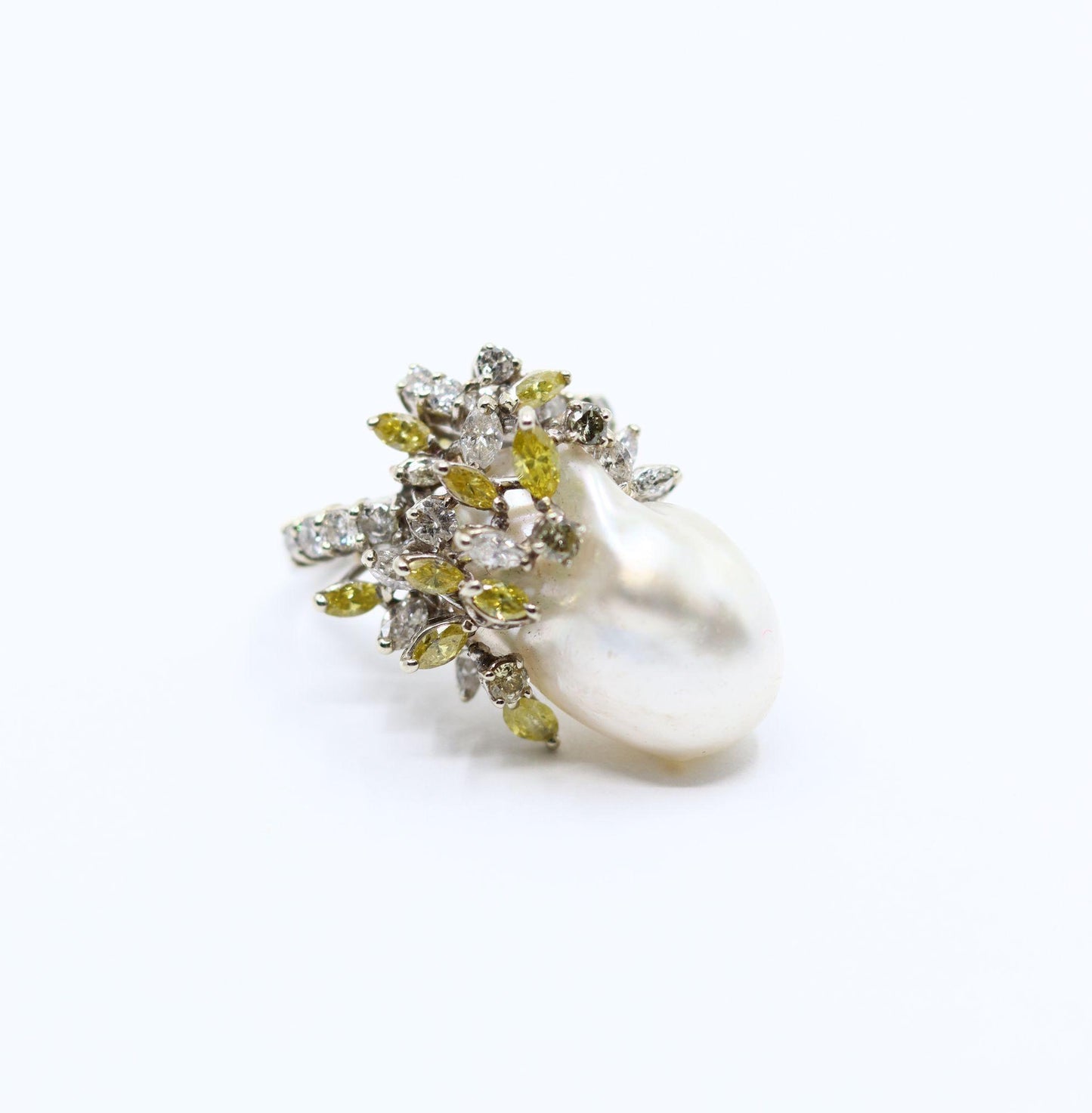 Vintage Platinum White & Yellow Diamond Baroque Pearl Cocktail Ring