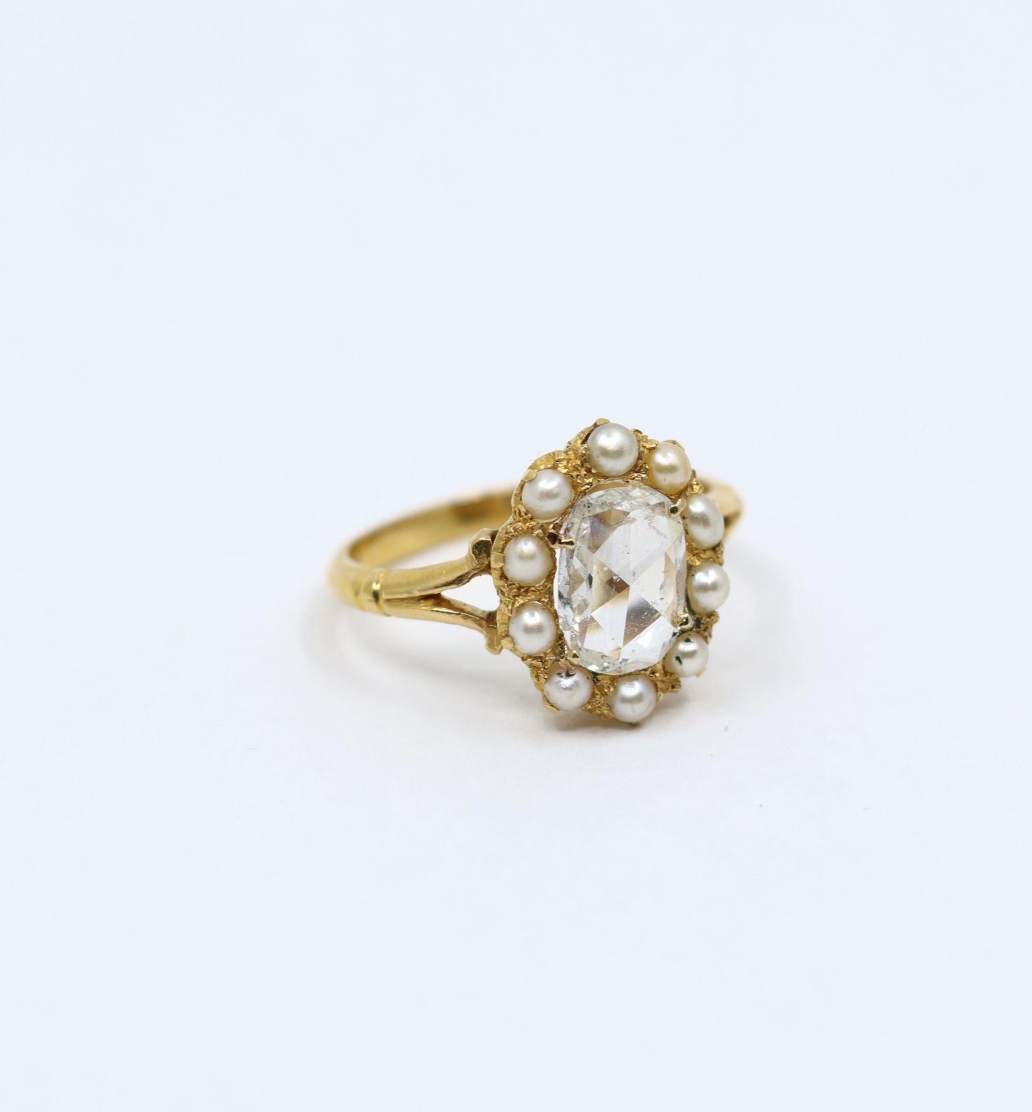 Vintage 18K Gold Rose Cut Diamond Seed Pearl Ring