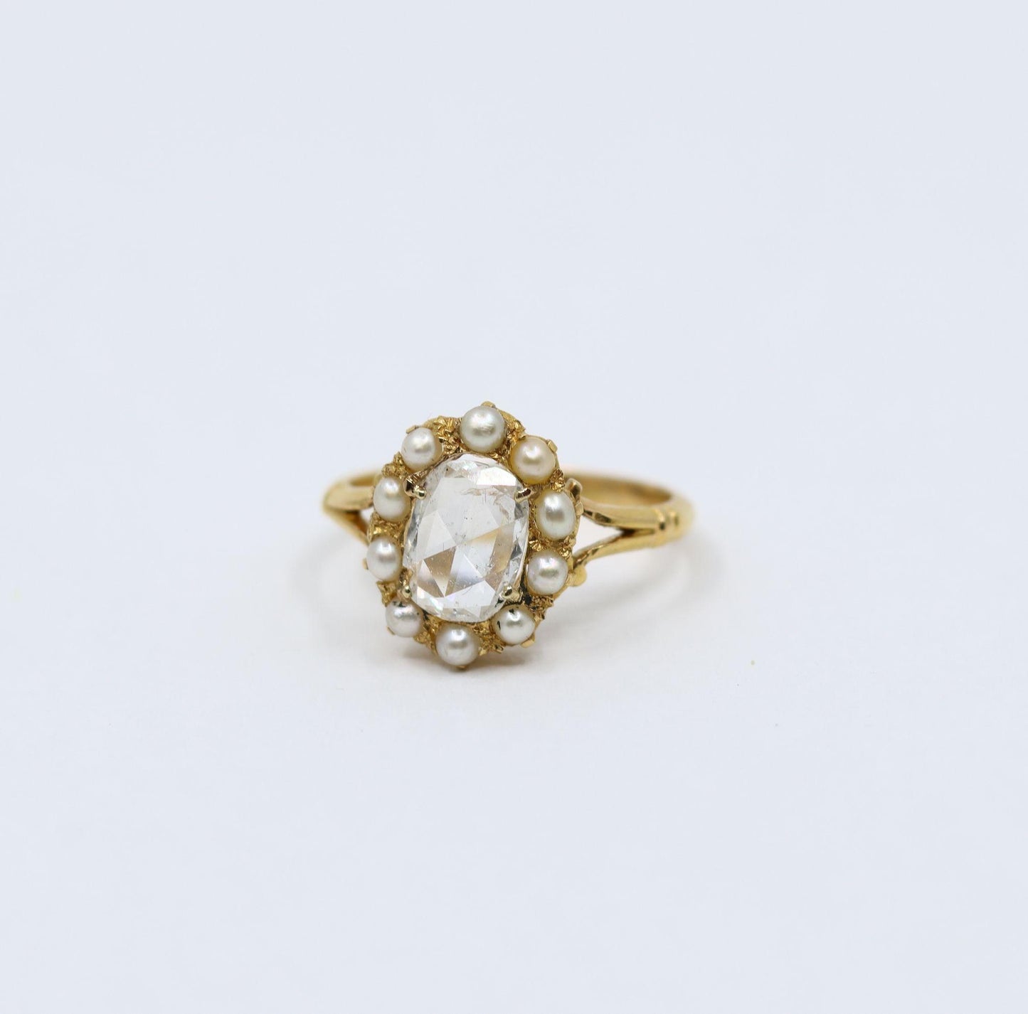 Vintage 18K Gold Rose Cut Diamond Seed Pearl Ring