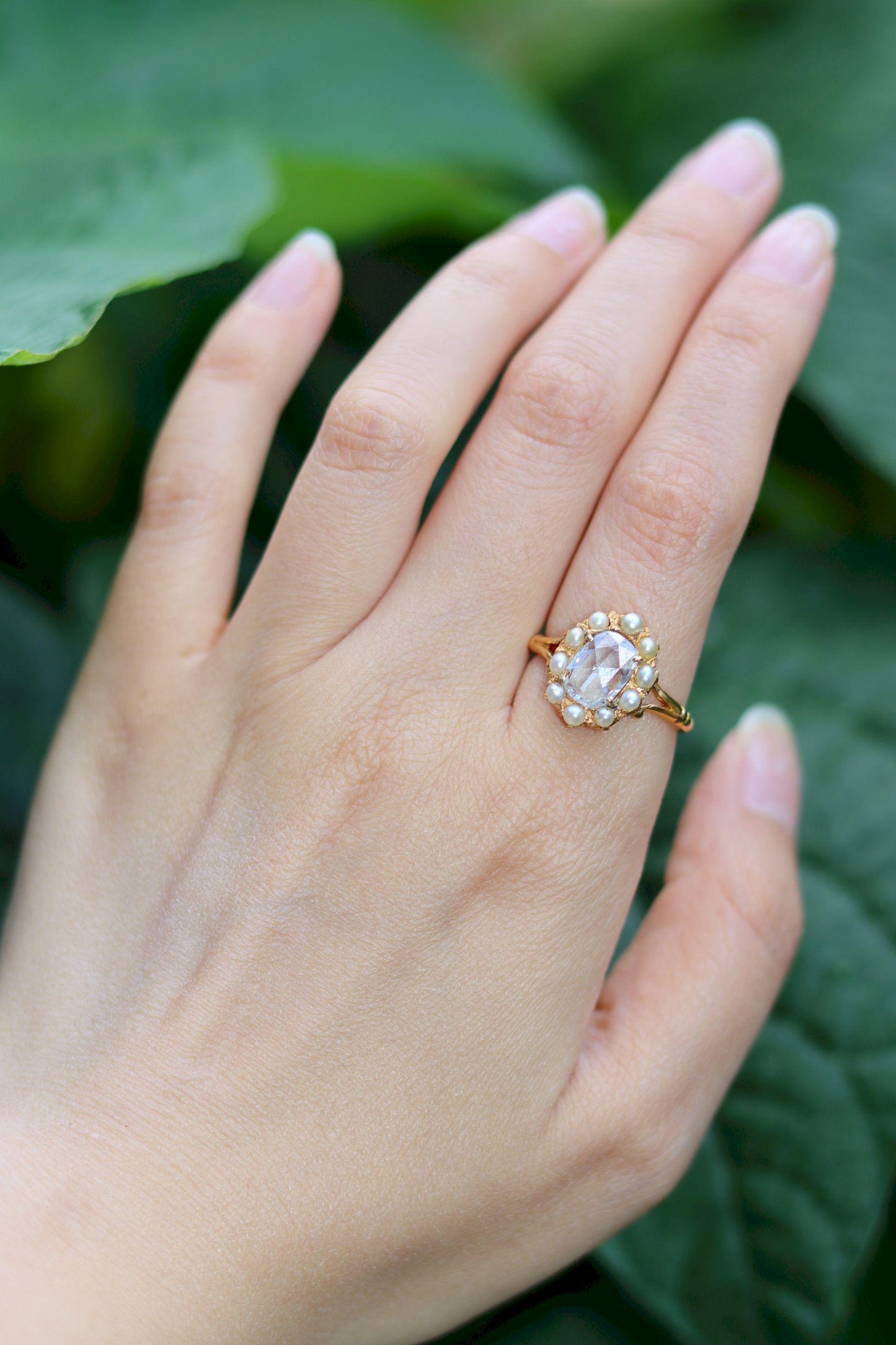 Vintage 18K Gold Rose Cut Diamond Seed Pearl Ring