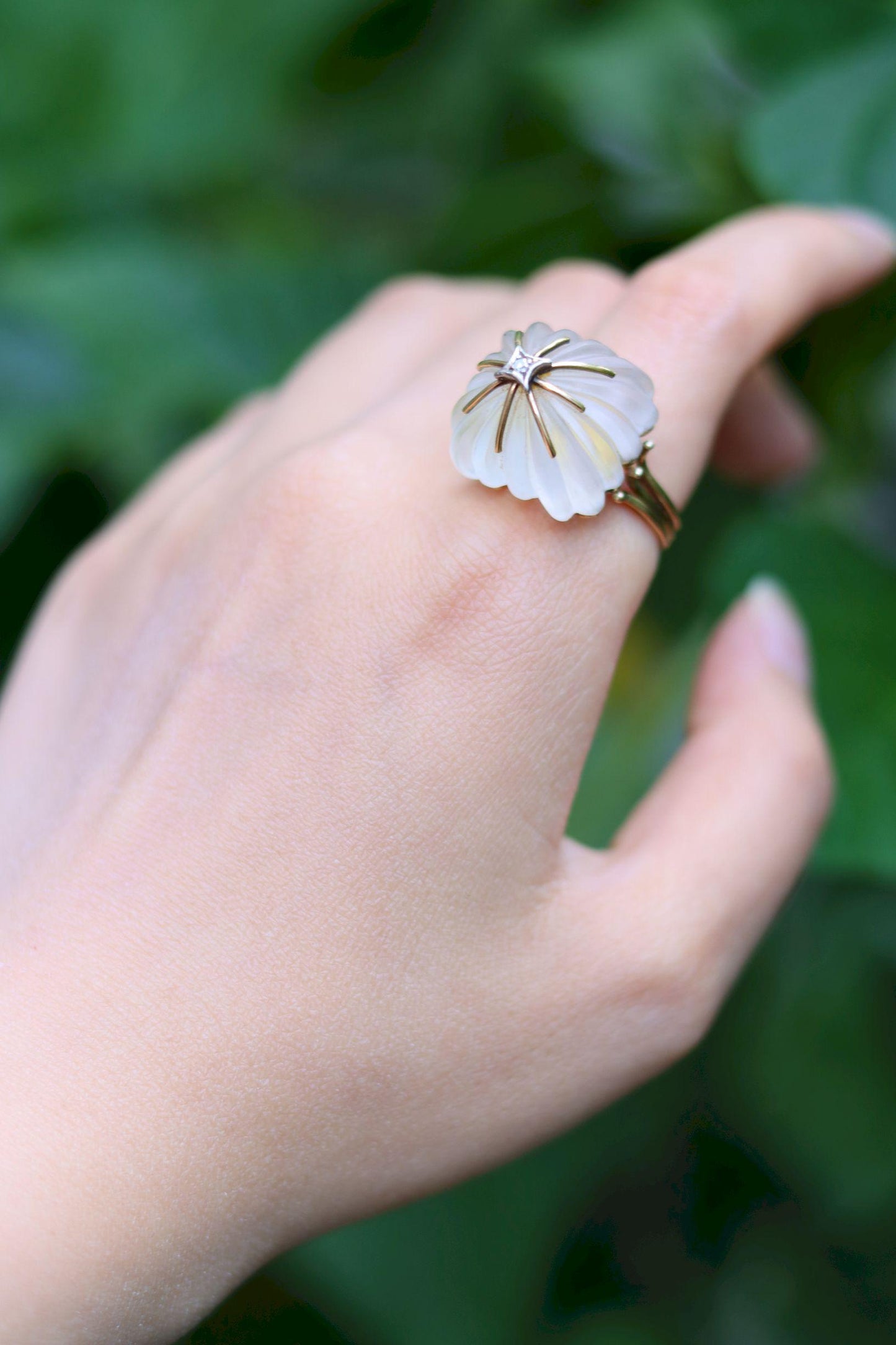 Vintage 14KT Gold Diamond Rock Crystal Dome Cocktail Ring