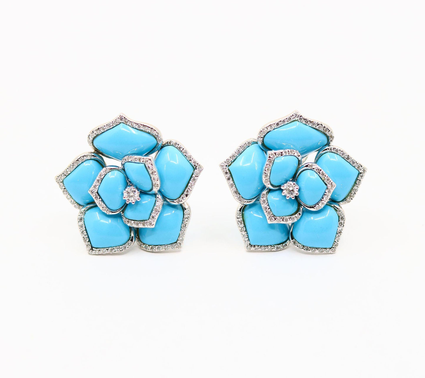 Diamond Turquoise 18K White Gold Flower Earrings