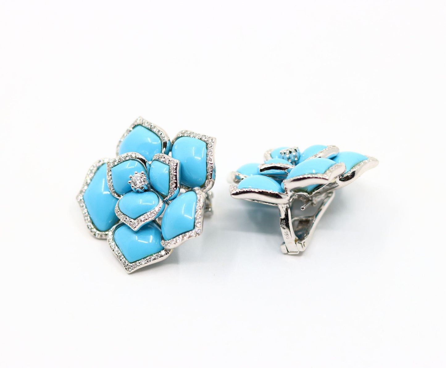 Diamond Turquoise 18K White Gold Flower Earrings