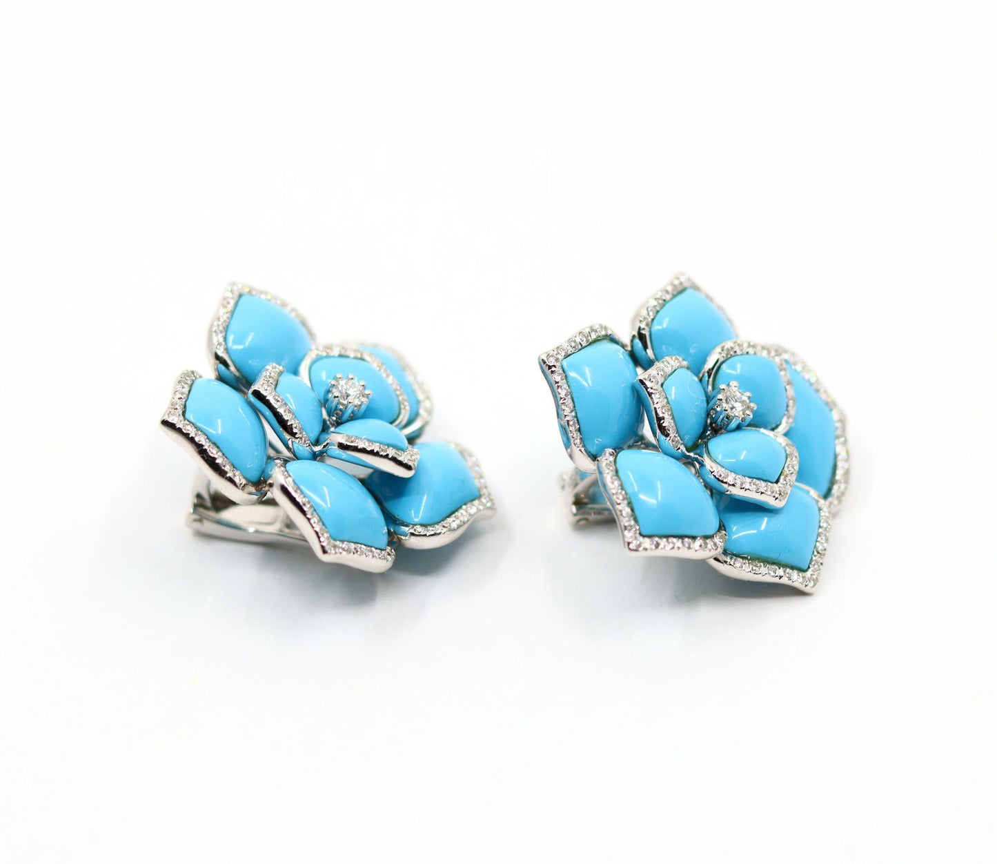 Diamond Turquoise 18K White Gold Flower Earrings
