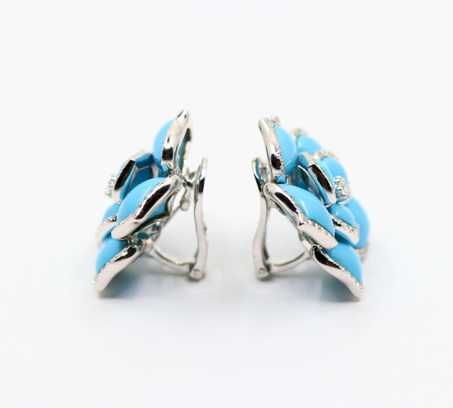 Diamond Turquoise 18K White Gold Flower Earrings