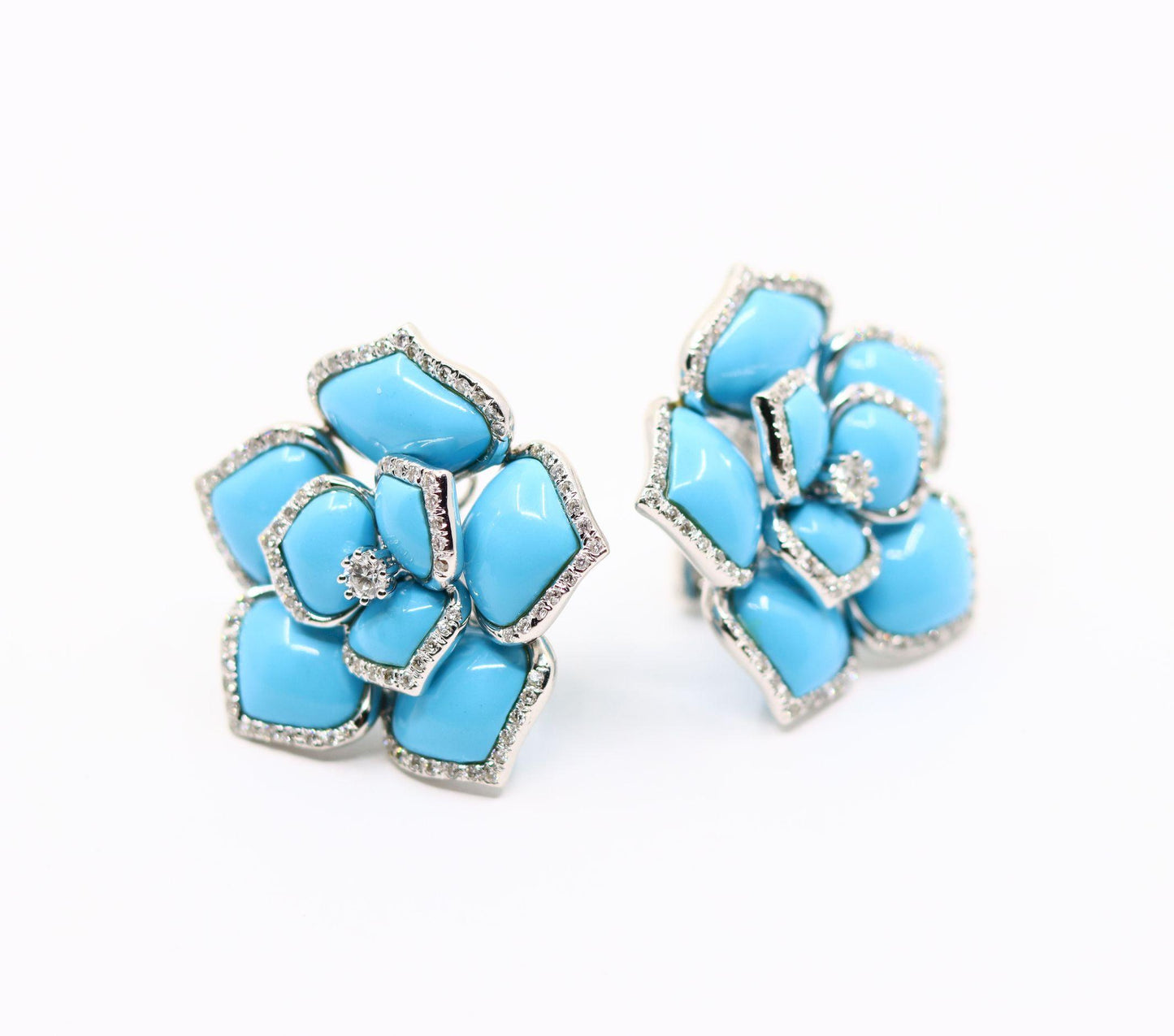 Diamond Turquoise 18K White Gold Flower Earrings
