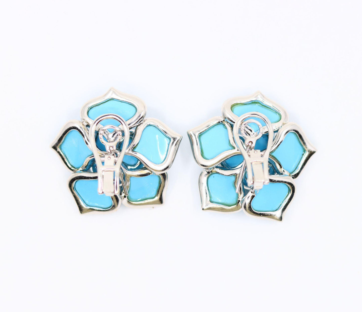 Diamond Turquoise 18K White Gold Flower Earrings