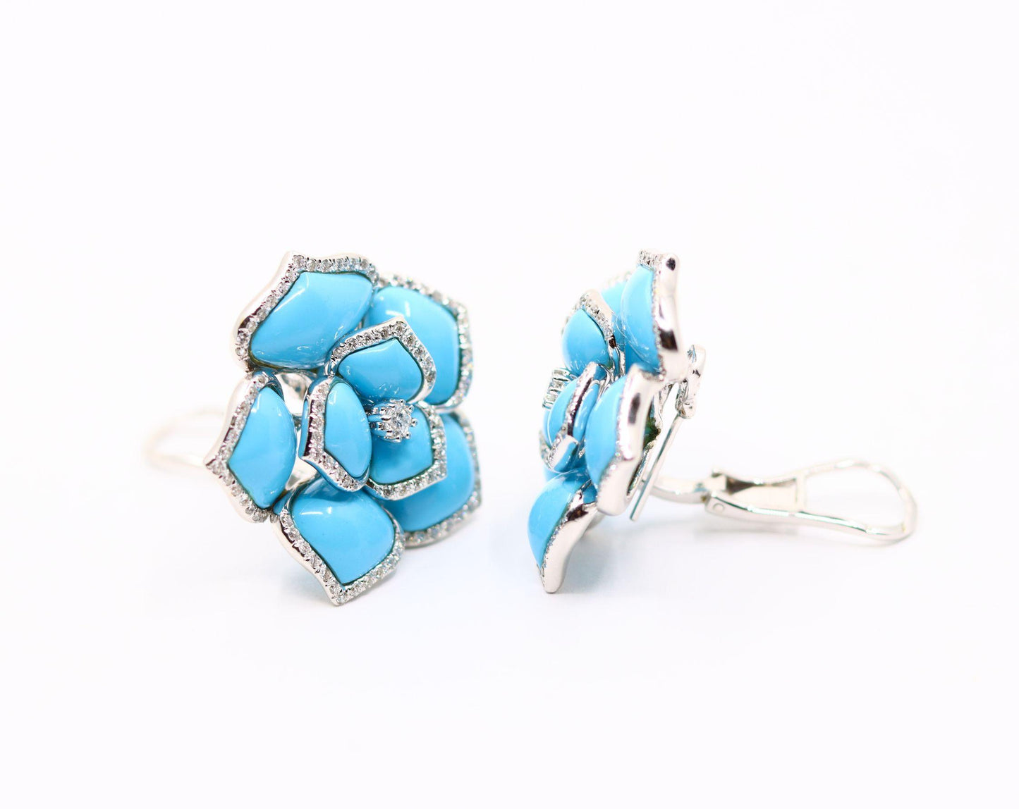 Diamond Turquoise 18K White Gold Flower Earrings