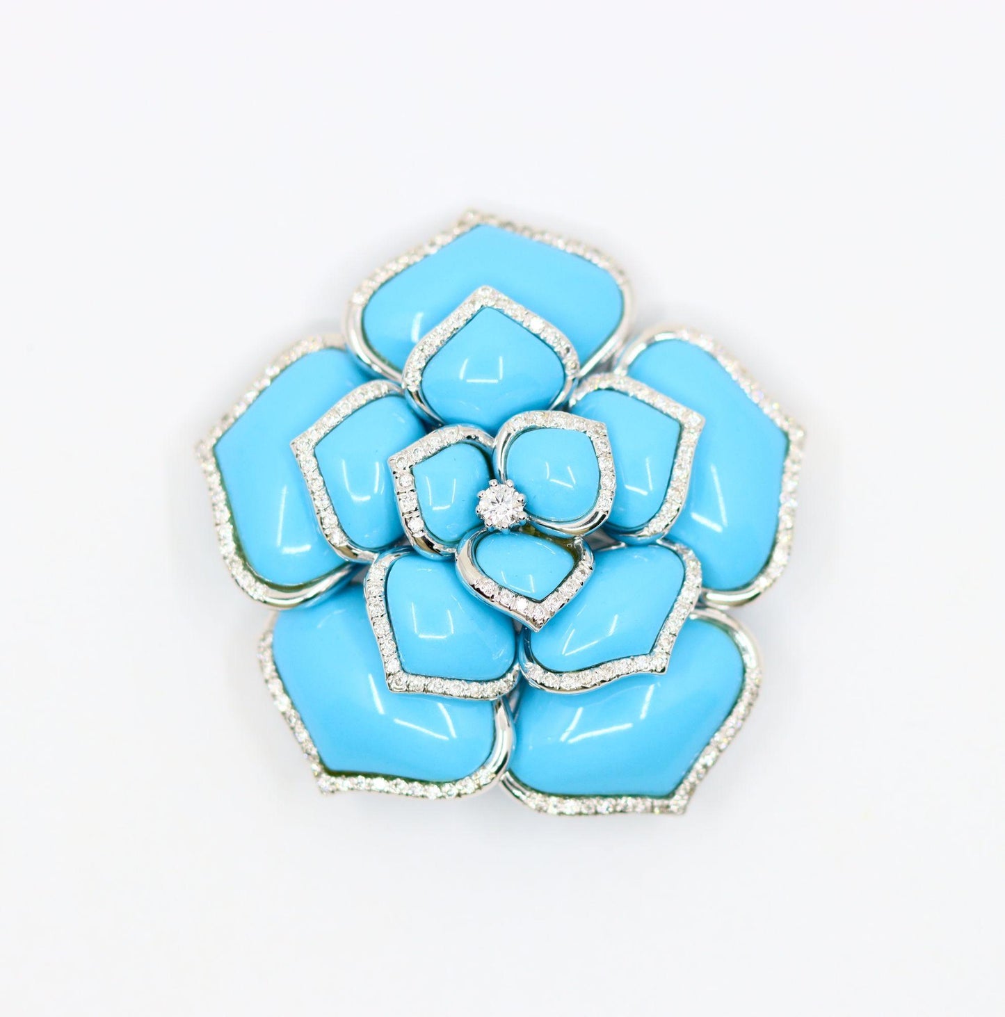 Diamond Turquoise 18K White Gold Flower Brooch