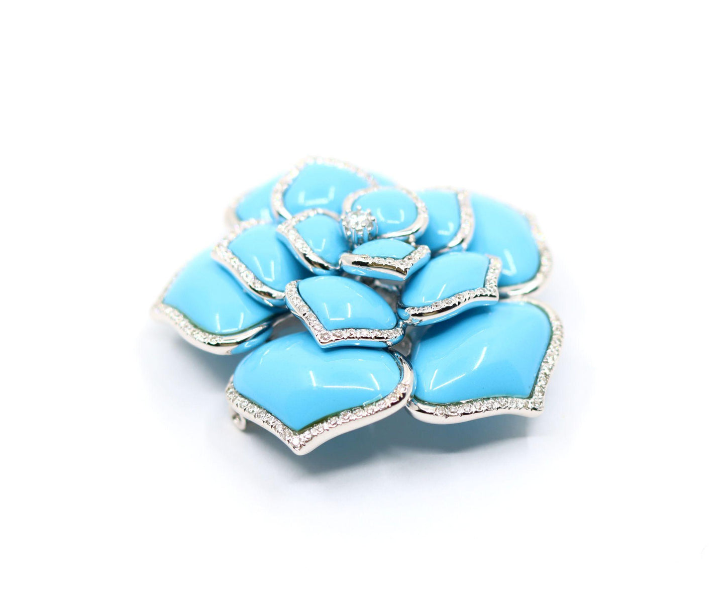 Diamond Turquoise 18K White Gold Flower Brooch