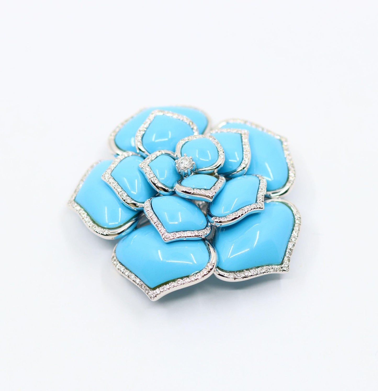 Diamond Turquoise 18K White Gold Flower Brooch