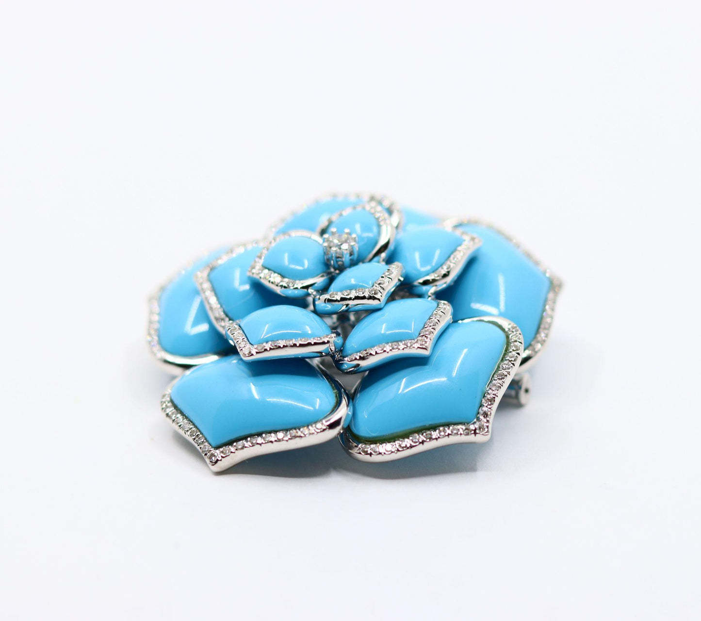 Diamond Turquoise 18K White Gold Flower Brooch